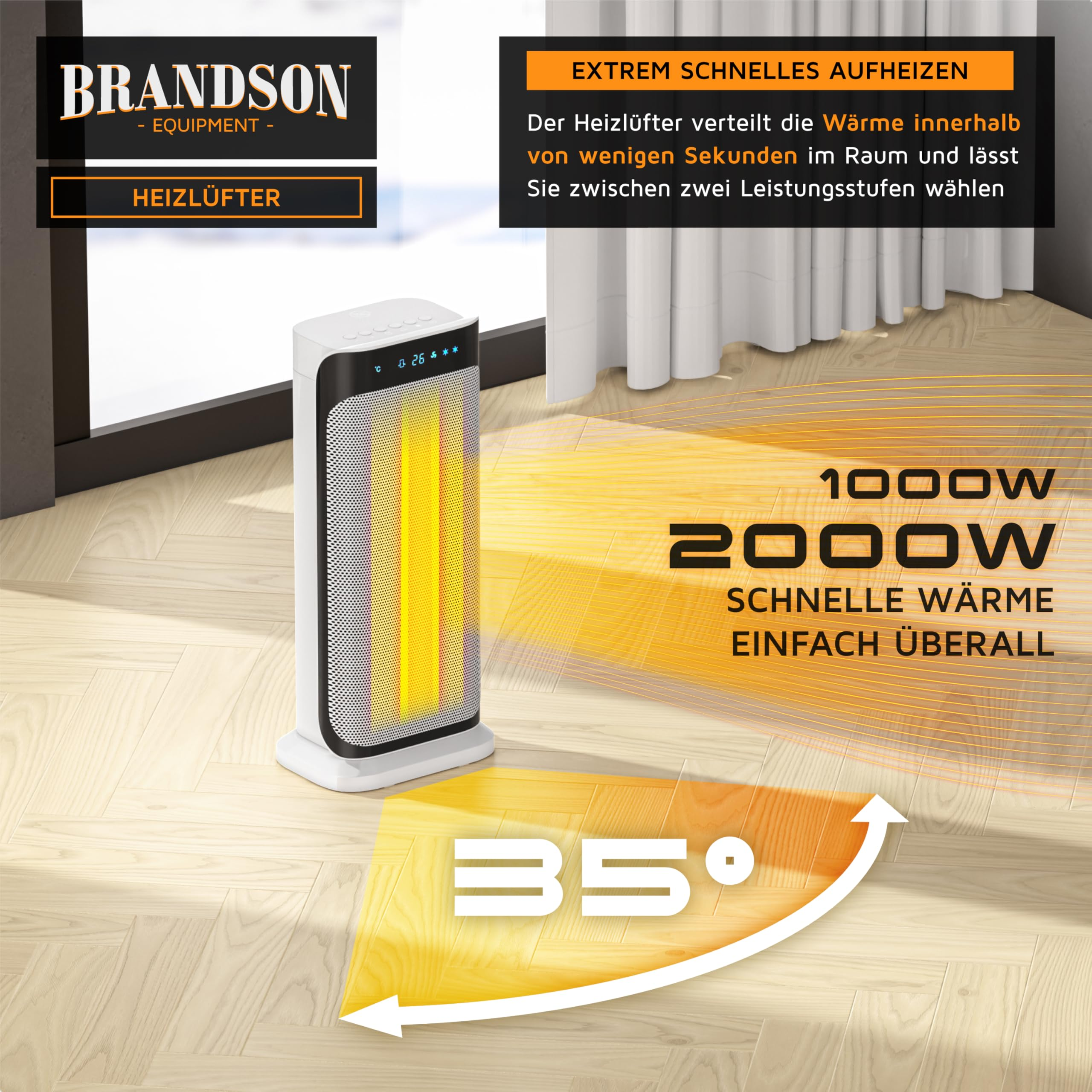 Weißer Brandson Heizlüfter auf Holzboden mit 1000W und 2000W Stufen und 35 Grad Oszillation.
