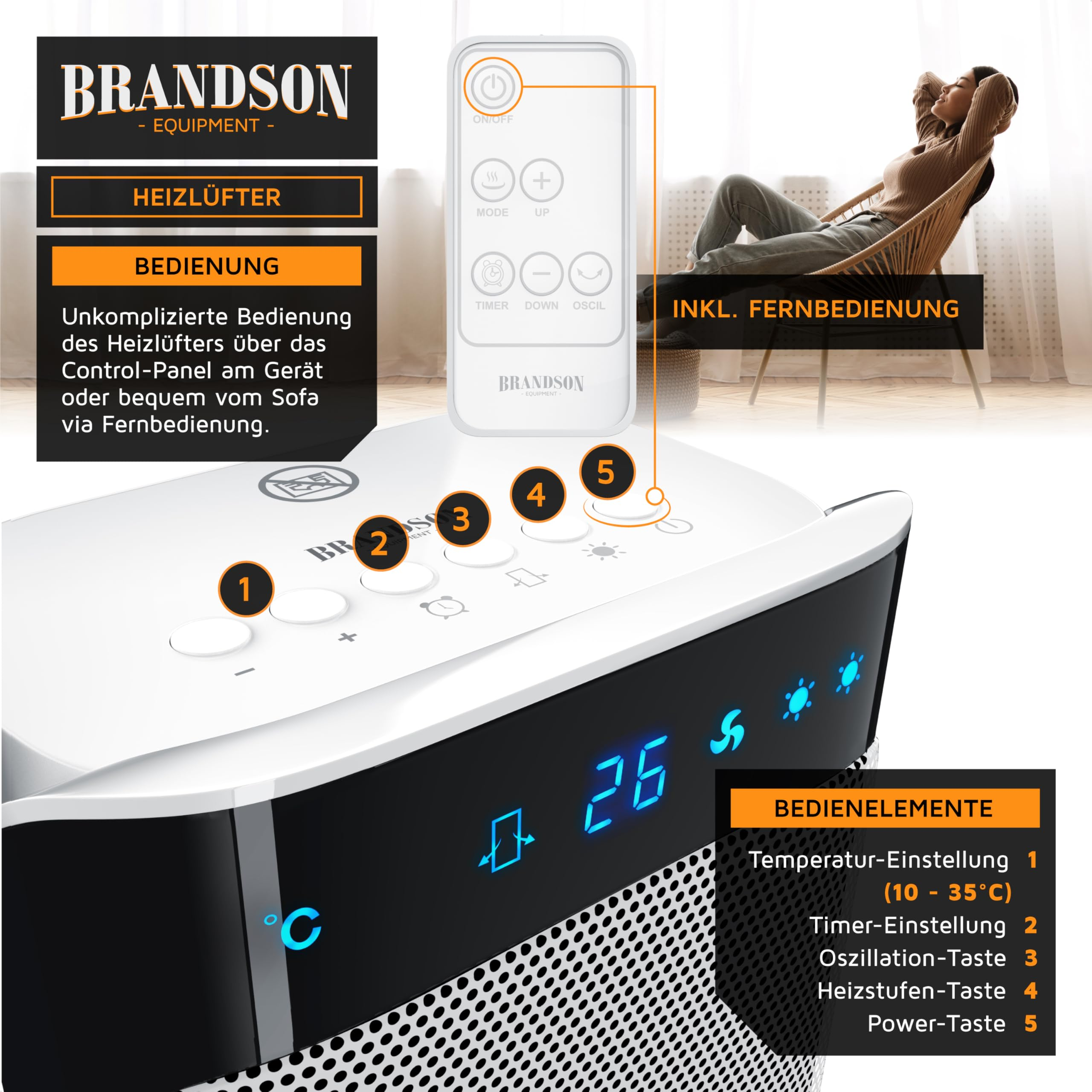 Brandson Heizlüfter mit Fernbedienung, nummerierten Tasten und Digitalanzeige für Temperatur.