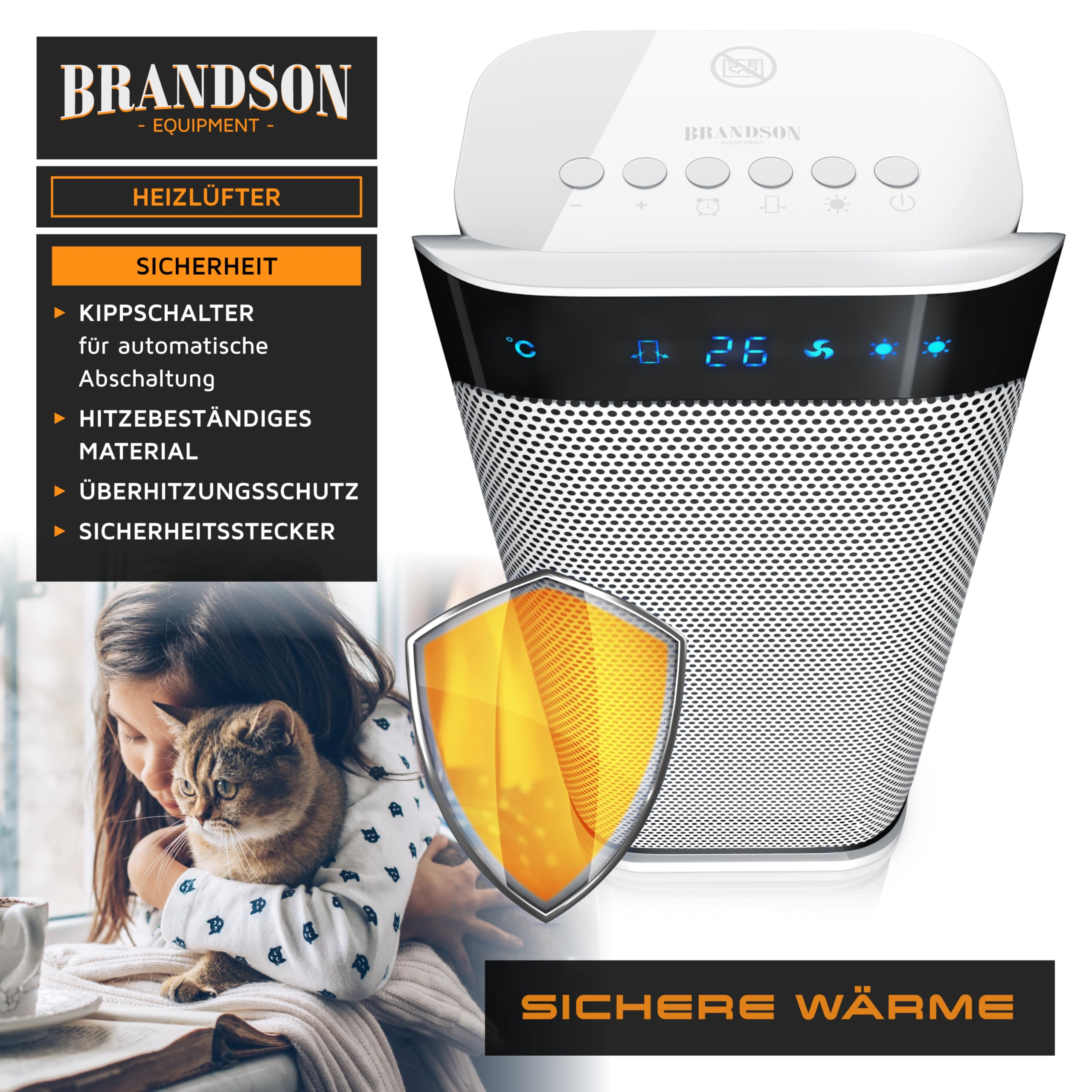 Brandson Heizlüfter mit Sicherheitsfunktionen, Digitaldisplay und Kind mit Katze im Hintergrund.