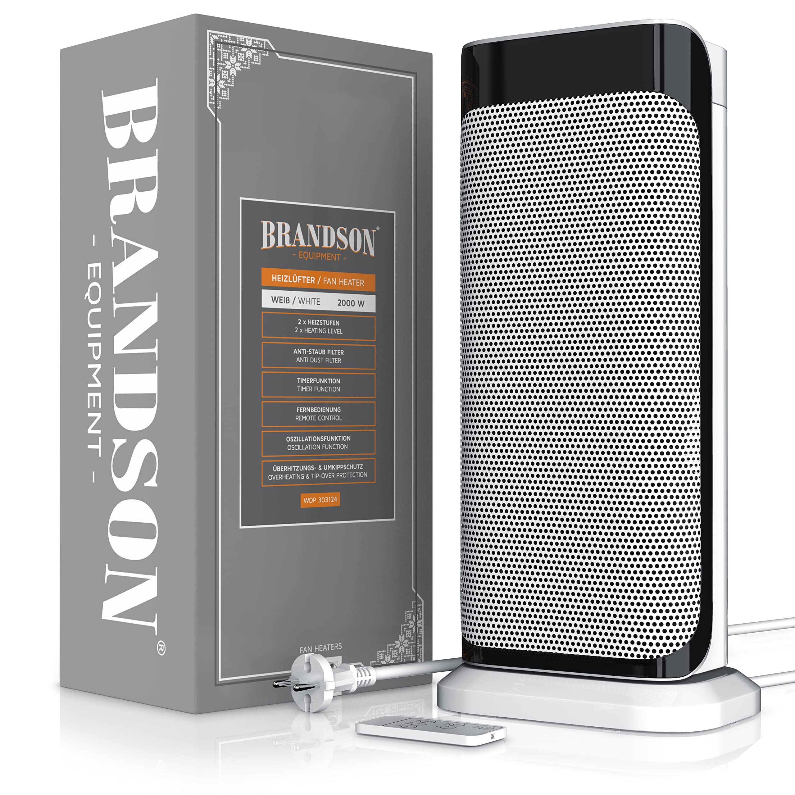 Brandson Heizlüfter mit weißer Gitterfront, Fernbedienung, Netzstecker und grauer Produktverpackung.