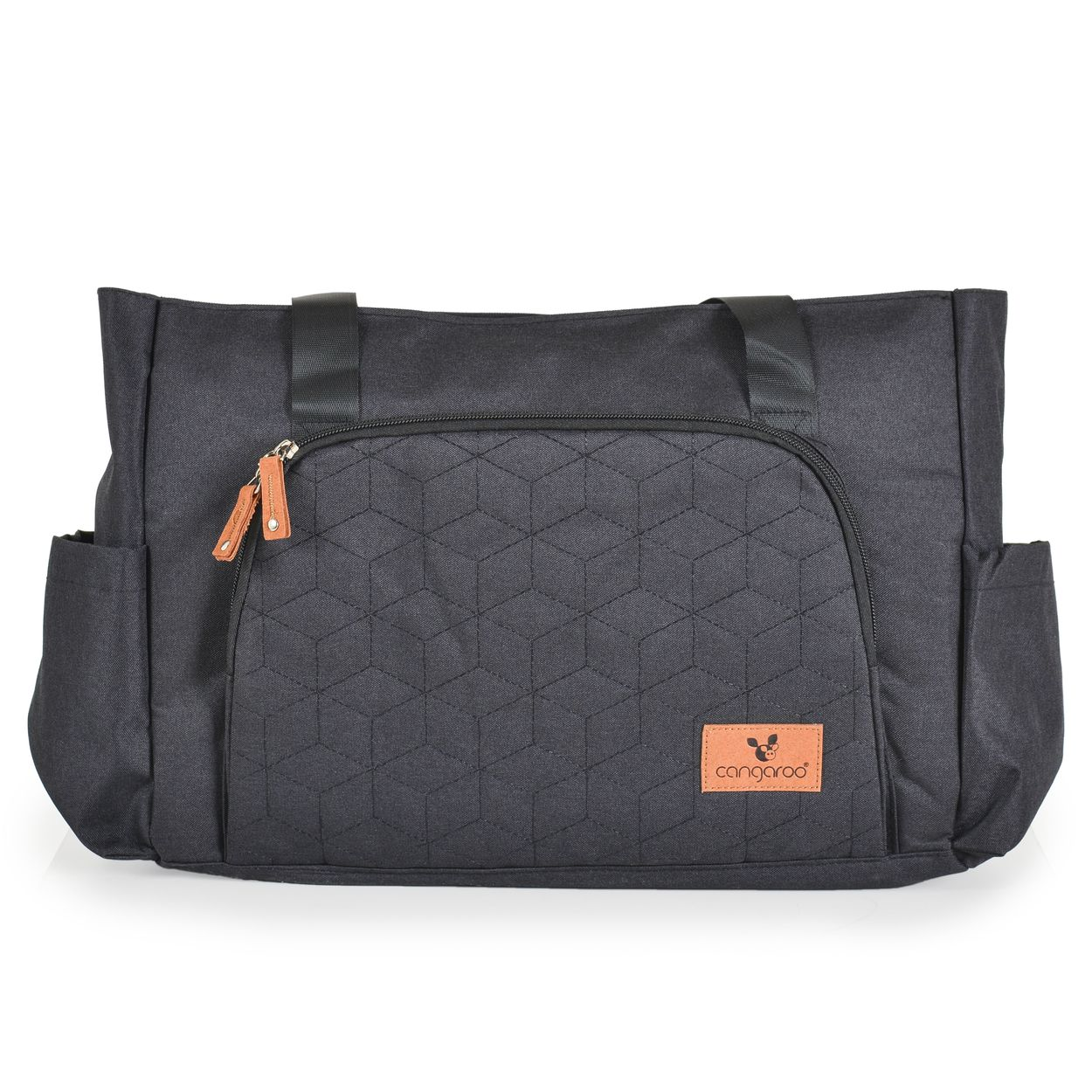 Eine schwarze Wickeltasche mit geometrischem Muster, braunen Lederakzenten und dem Markenlogo auf der Vorderseite.