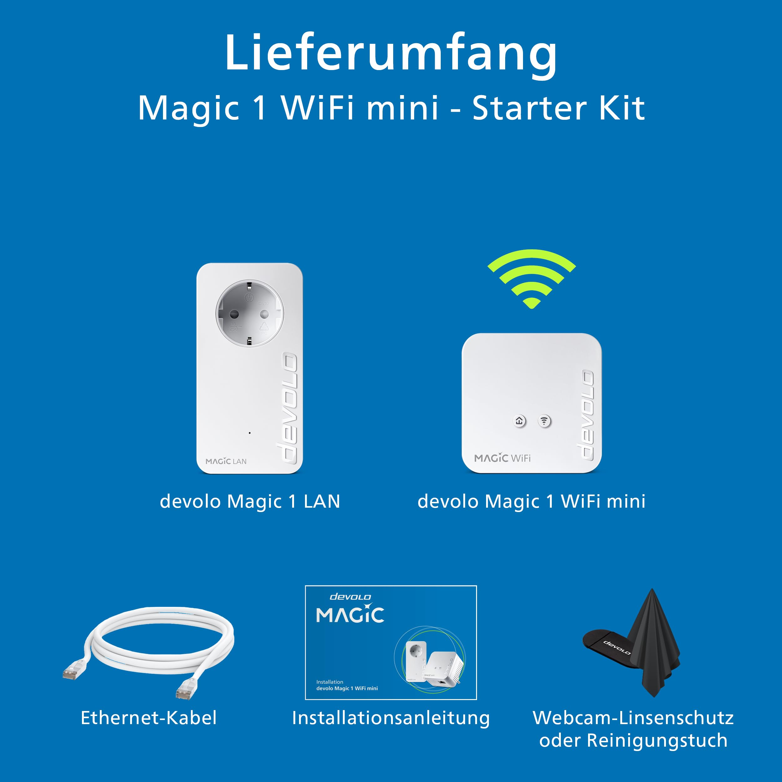 Contenuto del kit di avvio devolo Magic 1 WiFi mini con adattatori, cavo LAN, manuale e panno.