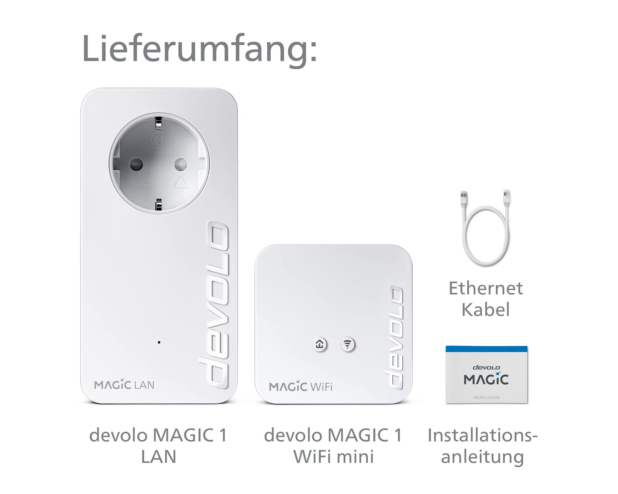 Contenuto: devolo MAGIC 1 LAN, WiFi mini, cavo Ethernet e guida all'installazione.