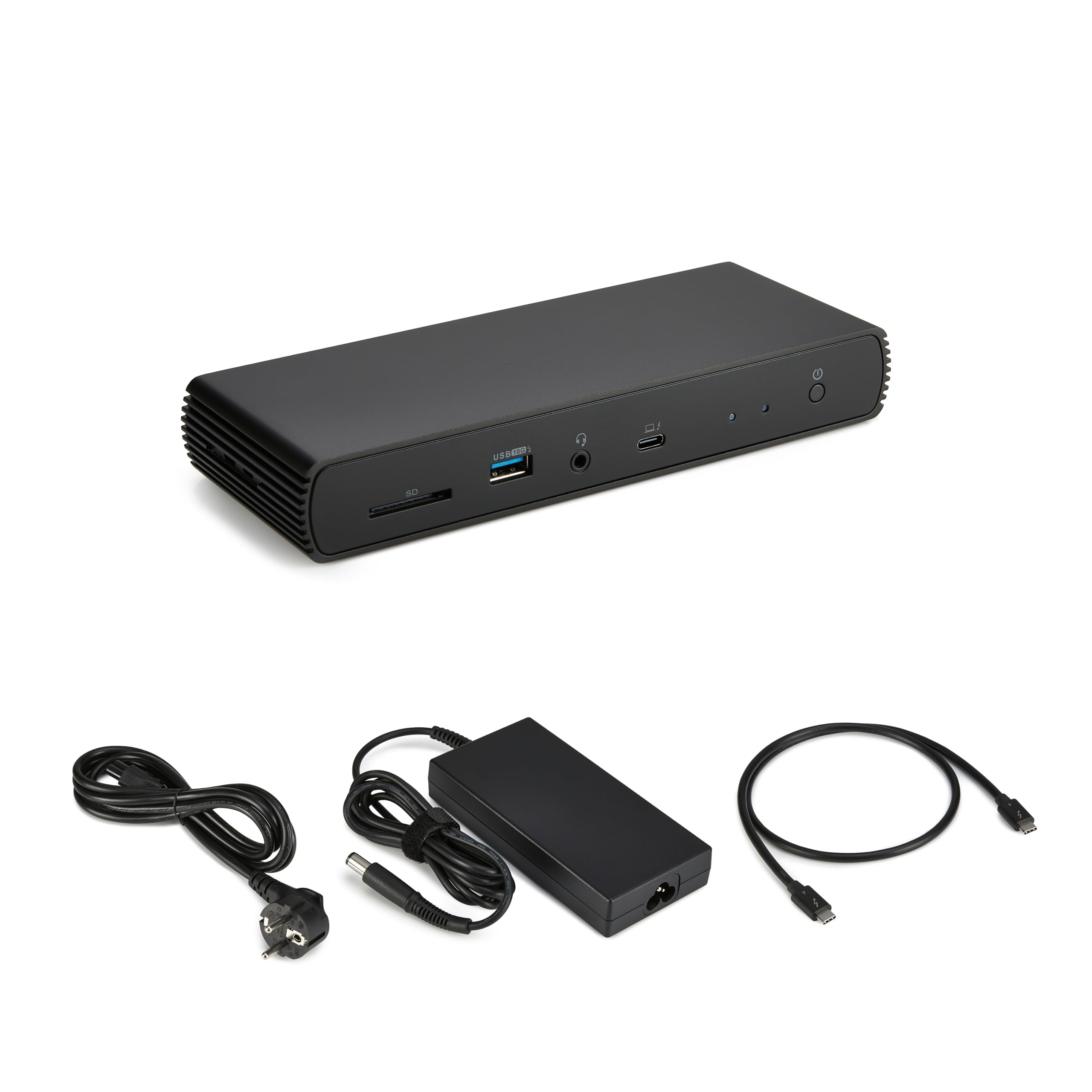 Una docking station nera con lettore di schede SD, porte USB, alimentatore e cavi su sfondo bianco.