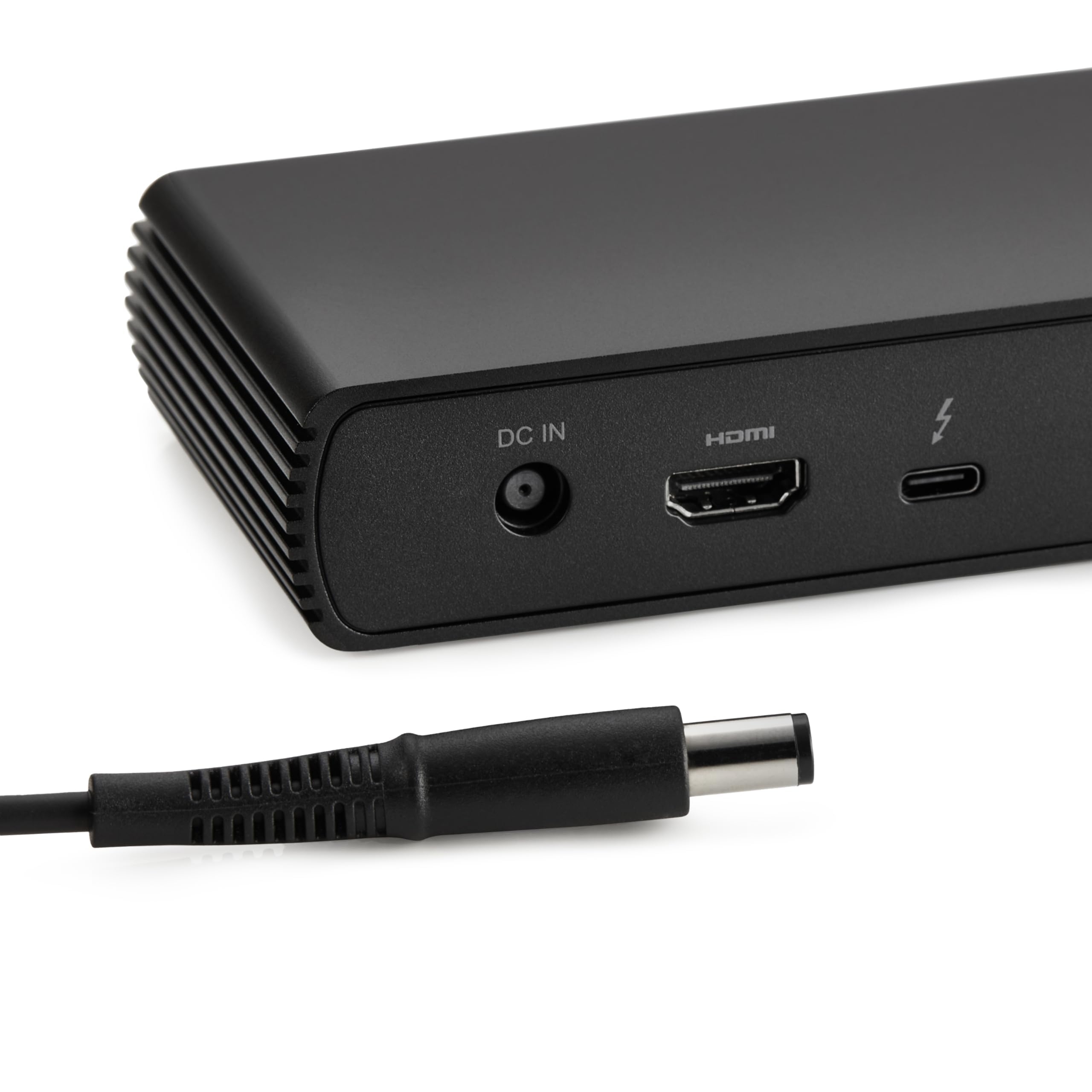 Docking station nera con porte DC-in, HDMI e Thunderbolt, accompagnata da un cavo di alimentazione.
