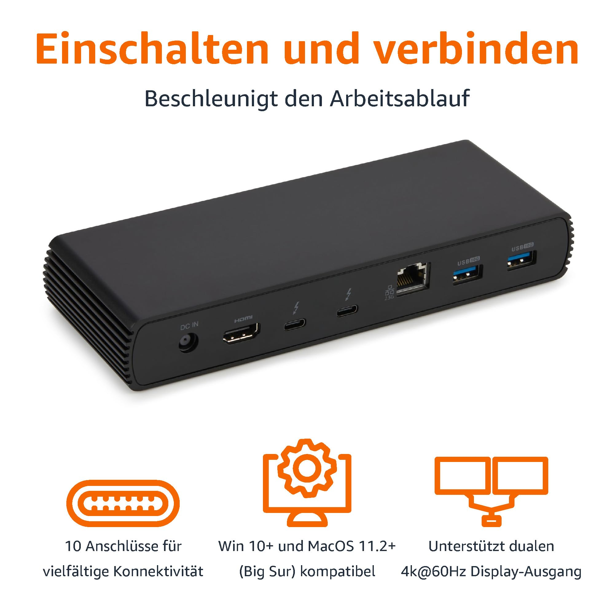 Docking station nera con varie porte e testo in alto.