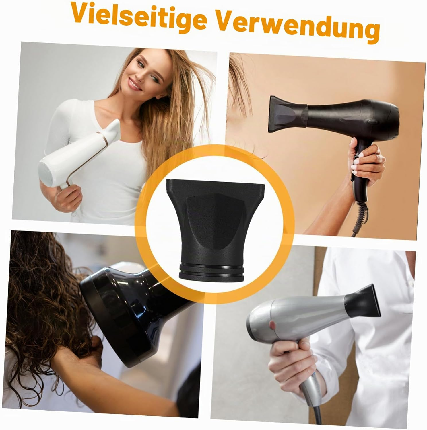 Collage von Haartrocknern in Verwendung mit Fokus auf einen Aufsatz.