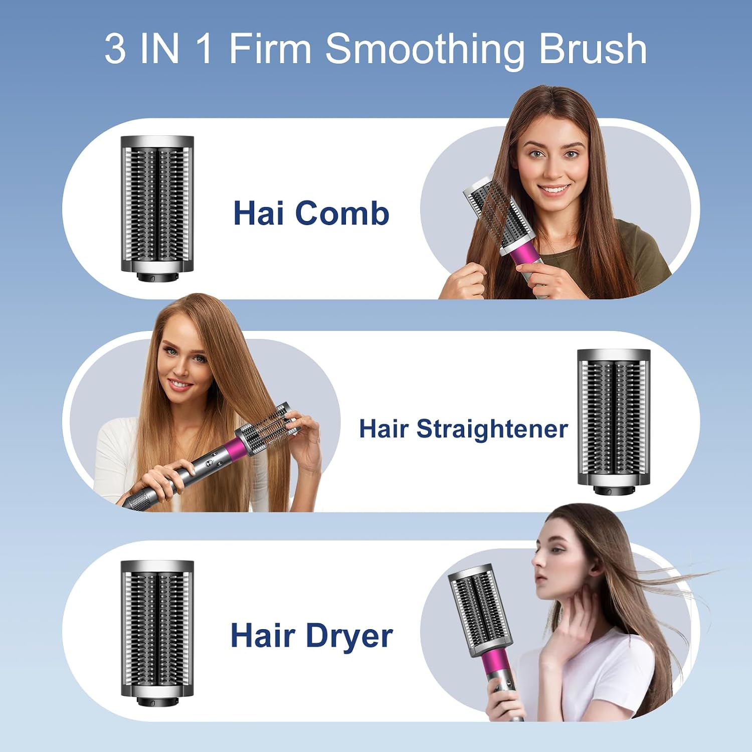 3-in-1 Glättungsbürste mit Haar-Comb, Glättereisen und Haartrockner, vorgeführt von Frauen.