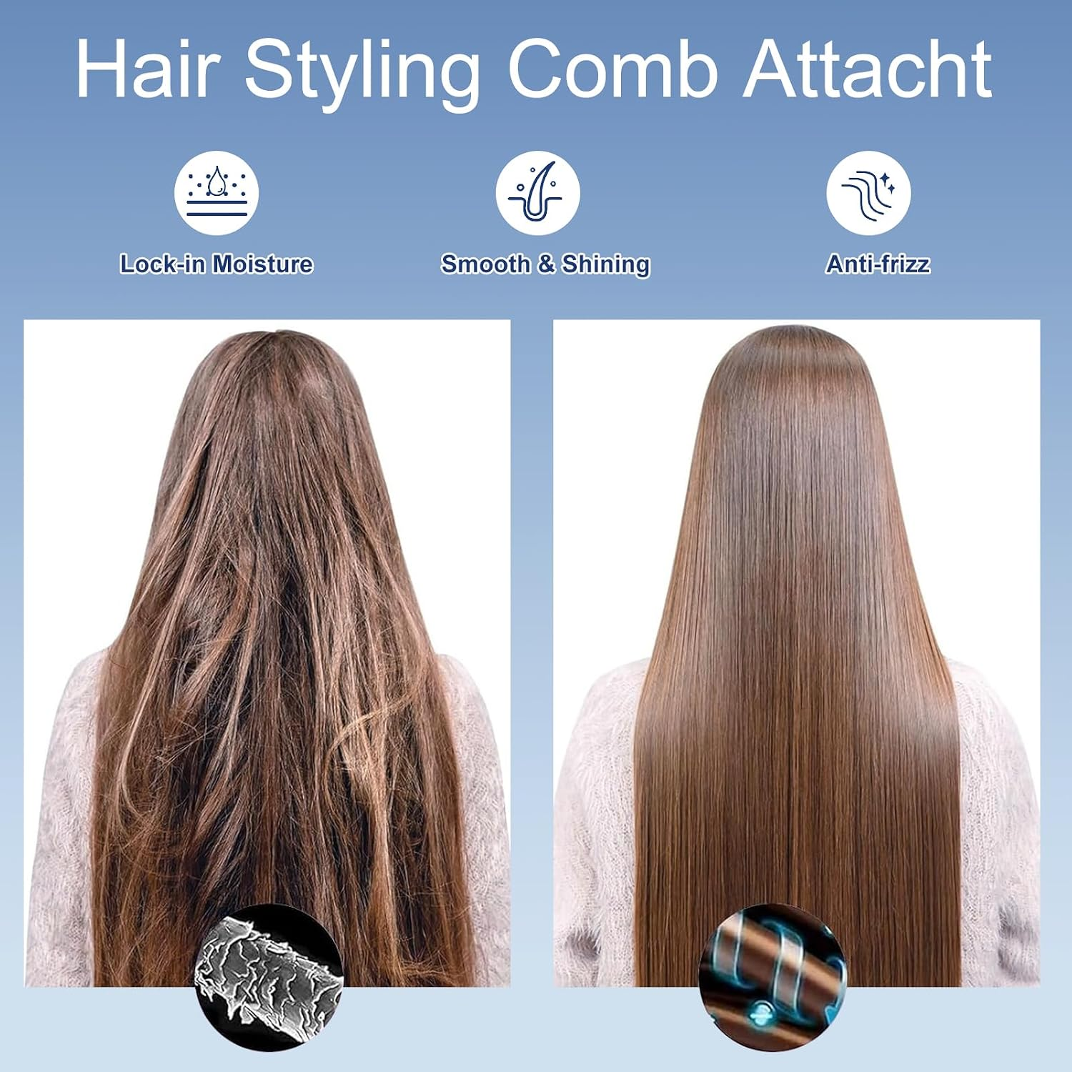 Vorher-Nachher-Vergleich zeigt krauses Haar, das nach dem Styling glatt wird.