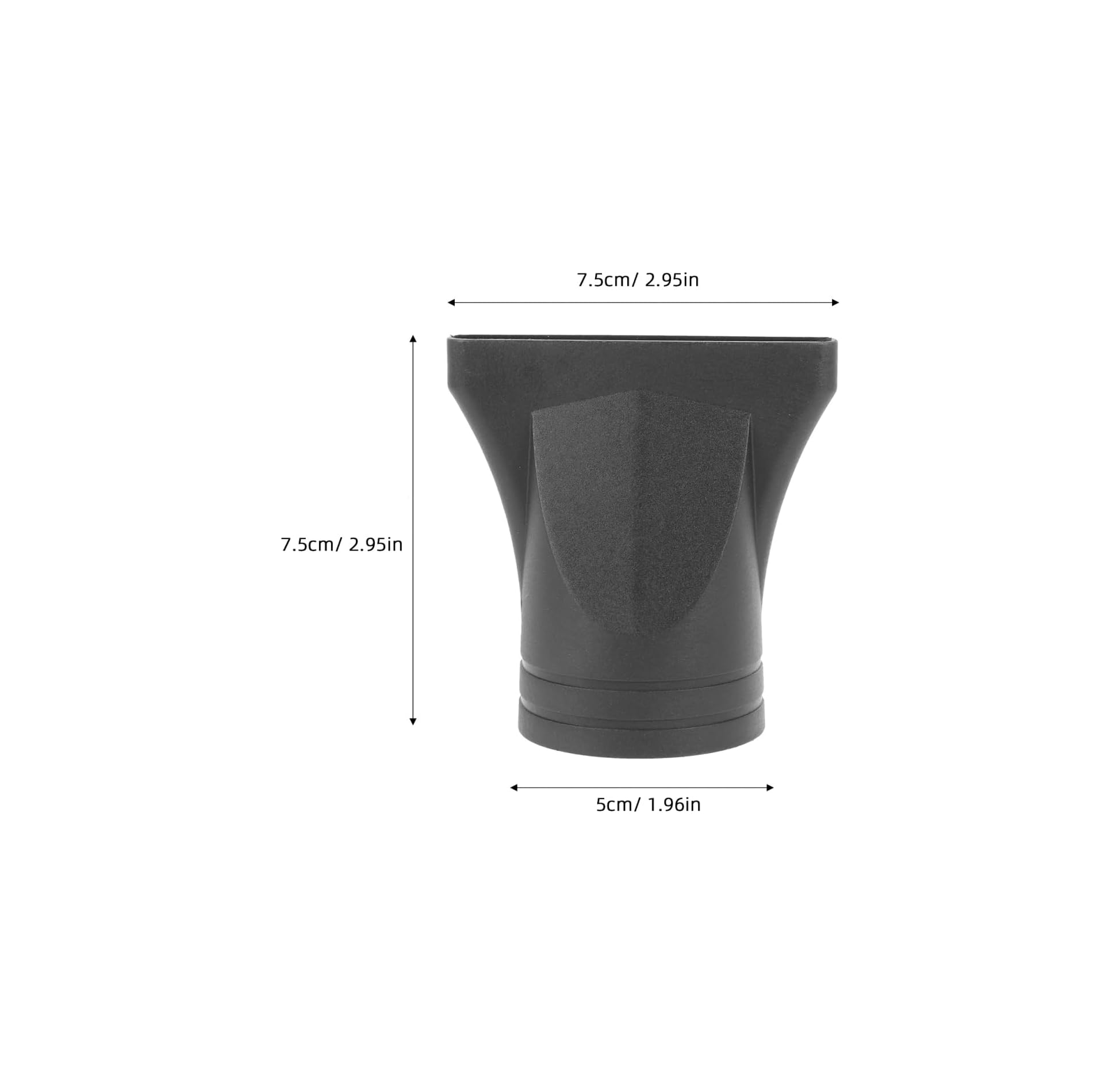 Schwarze Föhndüse mit Maßen von 7.5cm Breite, 7.5cm Höhe und 5cm unterem Durchmesser.