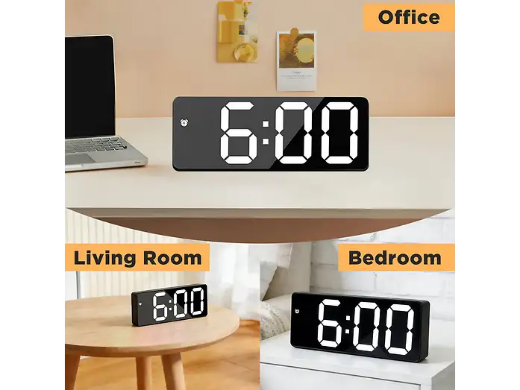 Eine schwarze Digitaluhr mit der Anzeige 6:00, platziert in Büro, Wohnzimmer und Schlafzimmer.