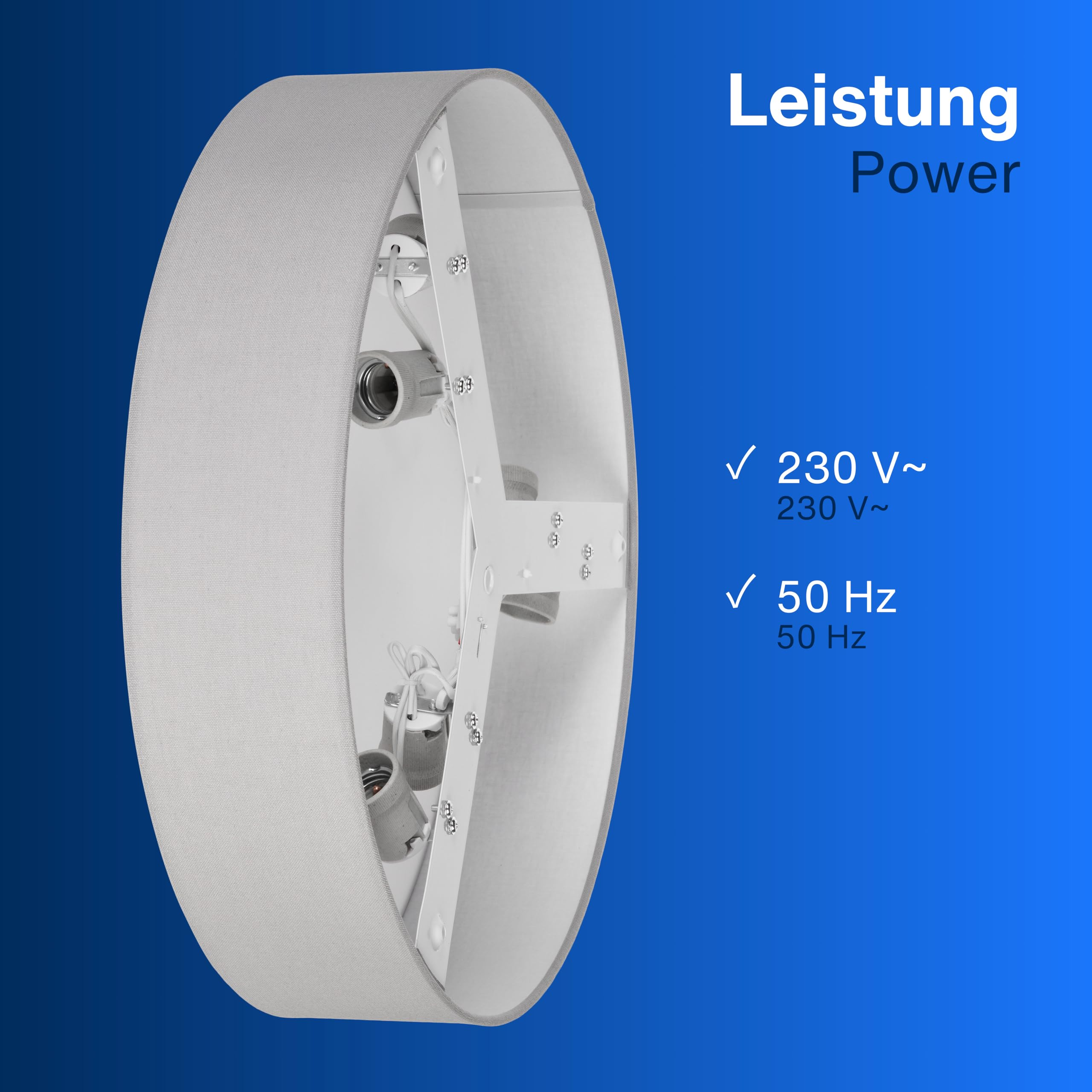 Lampada da soffitto rotonda su sfondo blu con specifiche di 230V e 50Hz.