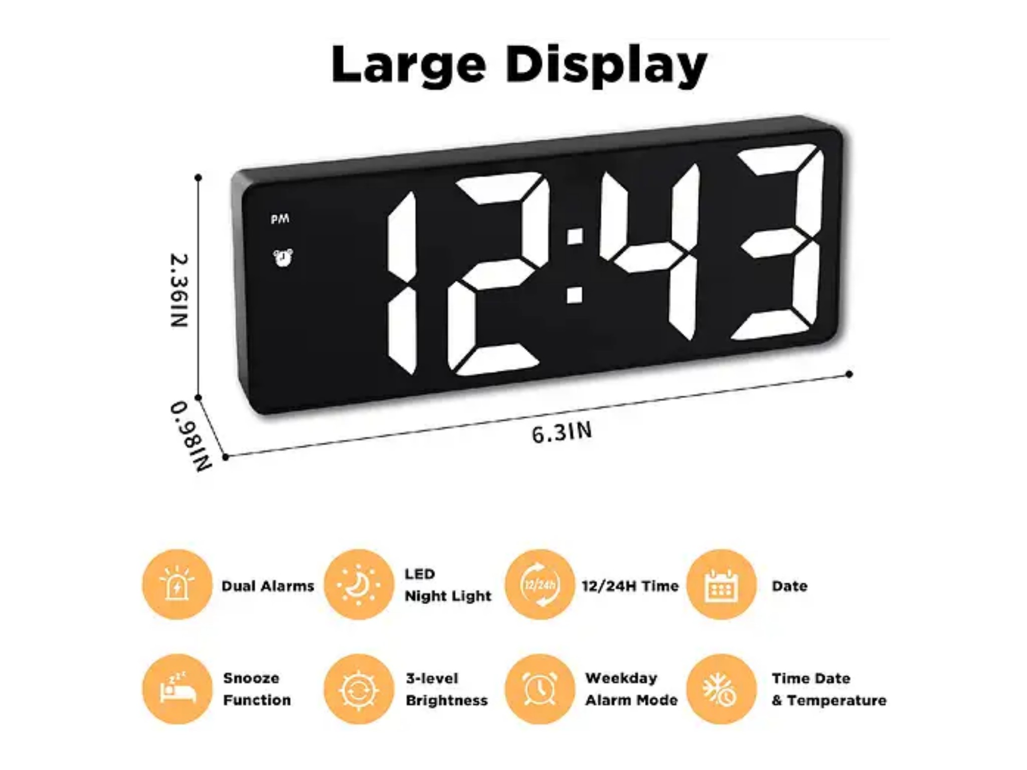 Digitale LED-Uhr mit Abmessungen, PM-Anzeige und Icons für Funktionen unten auf weißem Hintergrund.