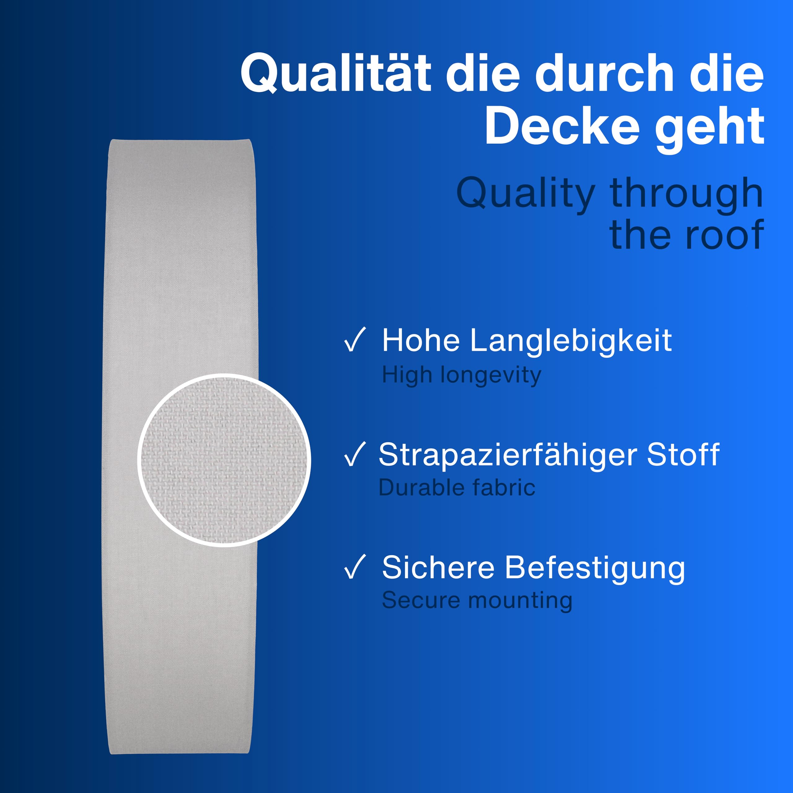 Grafica blu con una striscia di tessuto bianco, cerchio di zoom e testo su qualità e durata.