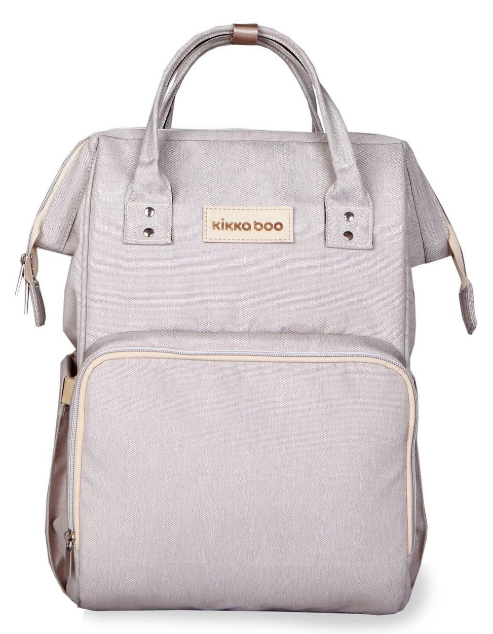 Ein grauer KikkaBoo-Wickelrucksack mit Reißverschlüssen, Fronttasche und oberen Griffen vor weißem Hintergrund.
