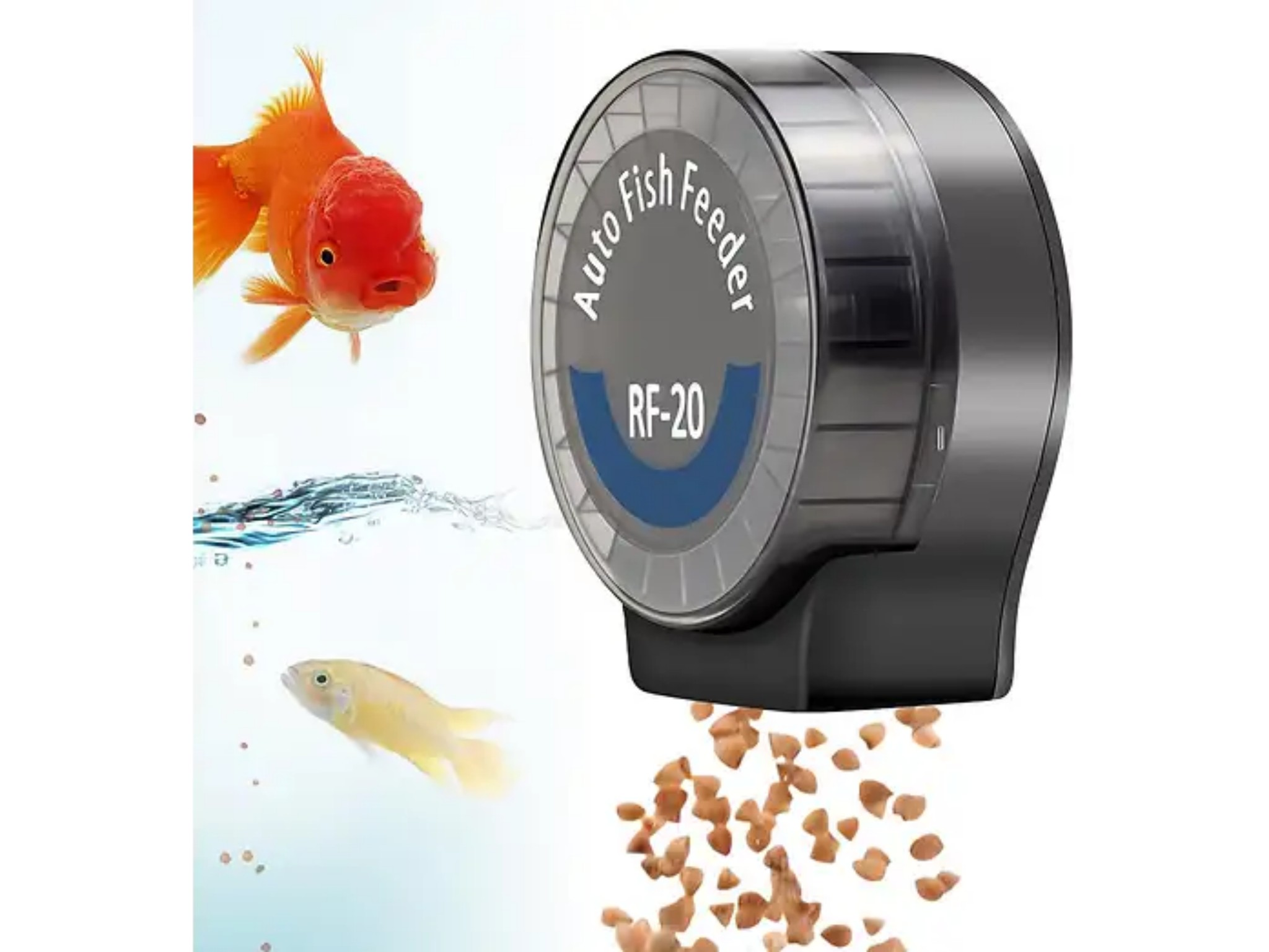 Automatischer Fischfutterautomat gibt Futter in ein Aquarium mit zwei Fischen ab.