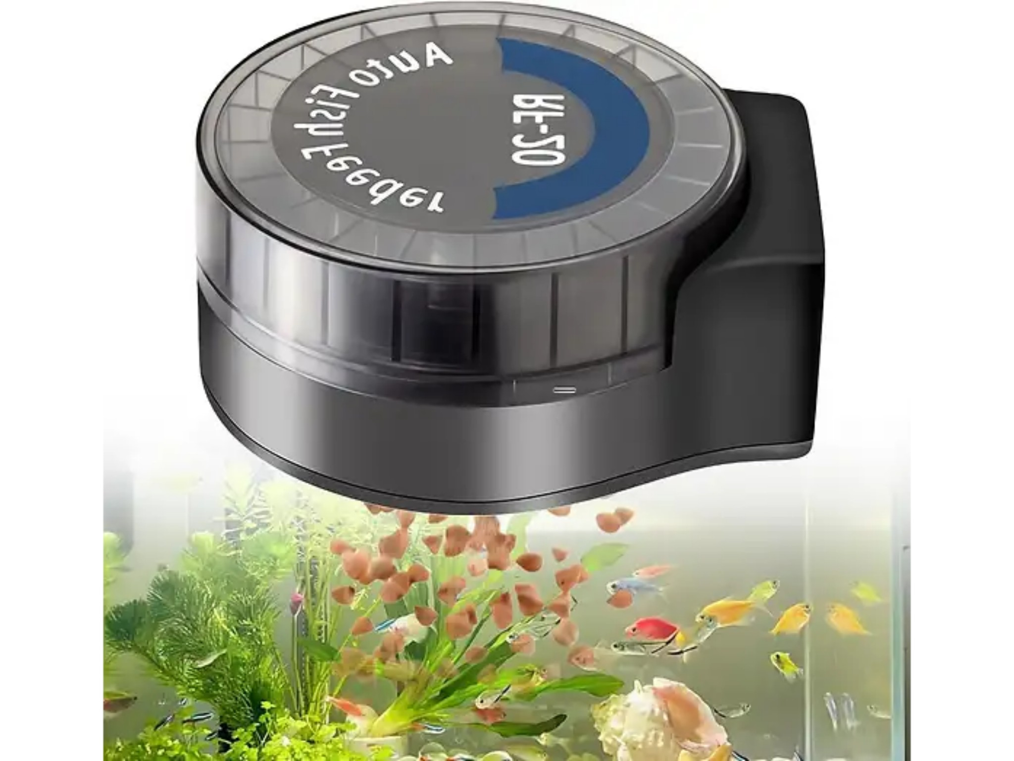 Automatischer Futterautomat mit Rundbehälter über einem Aquarium mit kleinen bunten Fischen und Pflanzen.