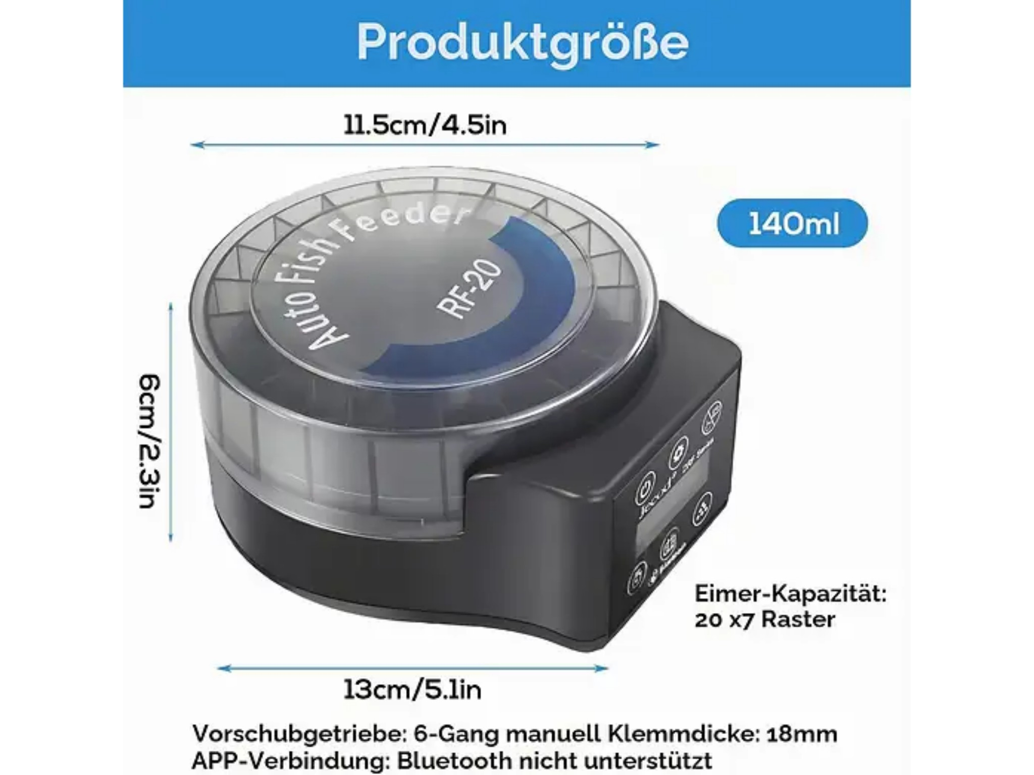 Automatischer Futterautomat für Fische mit Abmessungen von 11,5 x 13 x 6 cm und 140 ml Fassungsvermögen.