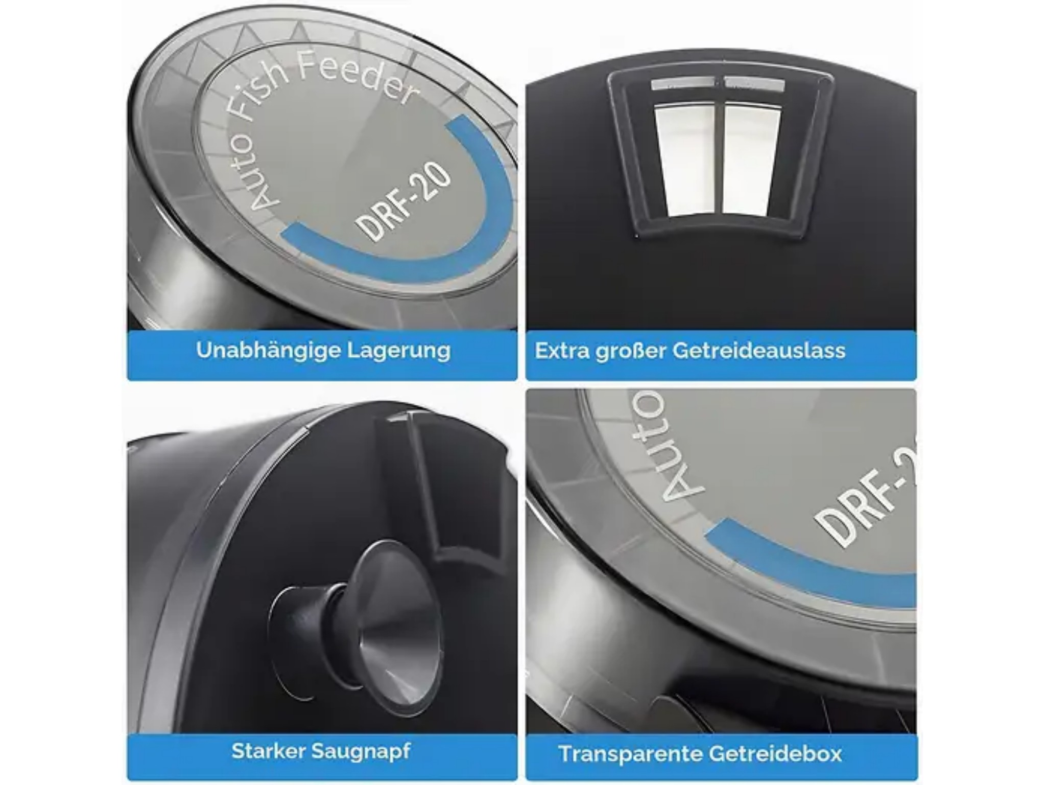 Vier Detailaufnahmen des automatischen FischfÃ¼tterers DRF-20 mit Saugknopf und transparentem BehÃ¤lter.