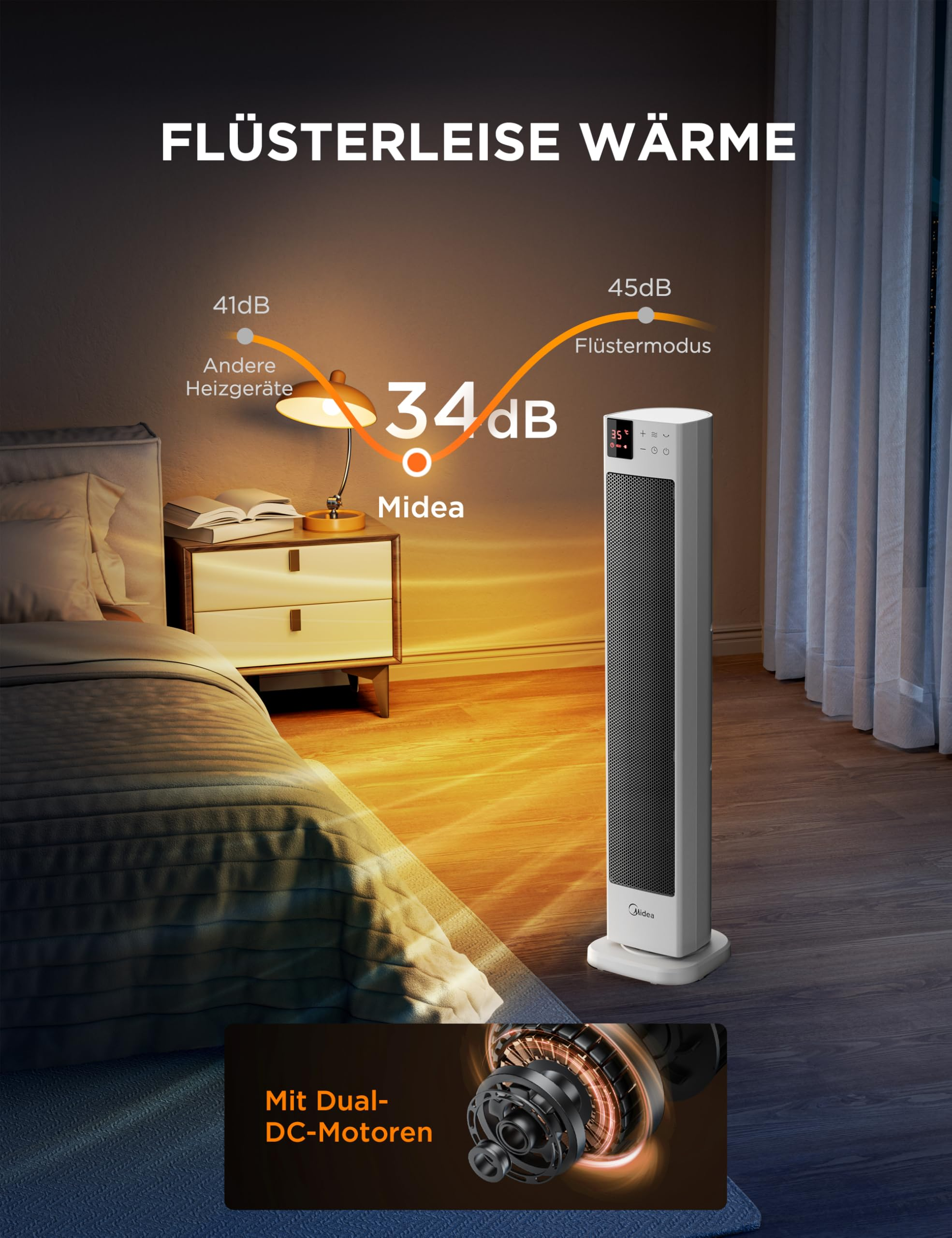 Ein weißer Turmheizer steht in einem warm beleuchteten Schlafzimmer neben dem Bett.