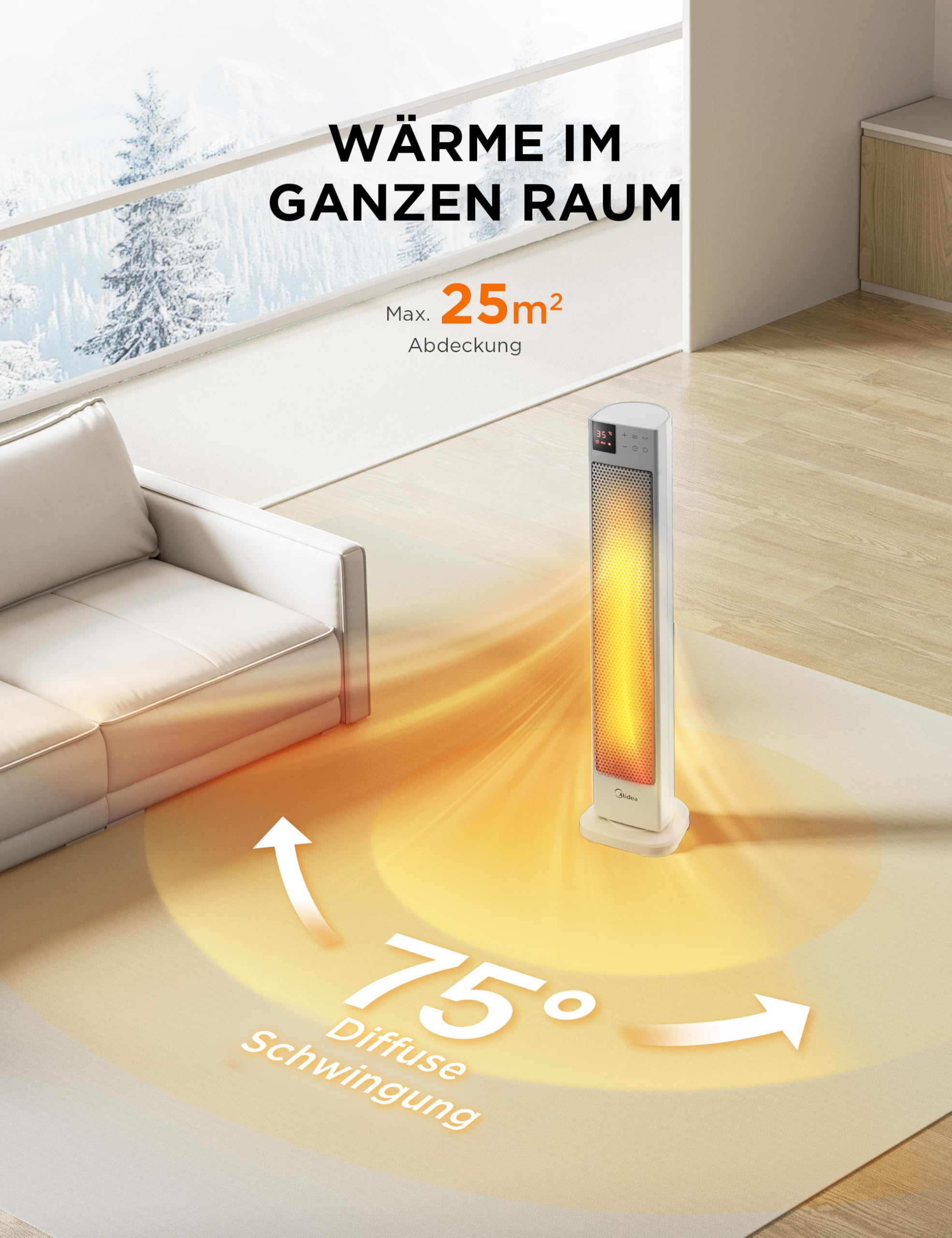 Ein weißer Turmheizer in einem Wohnzimmer verteilt warme, orangefarbene Luftwellen im 75-Grad-Winkel.