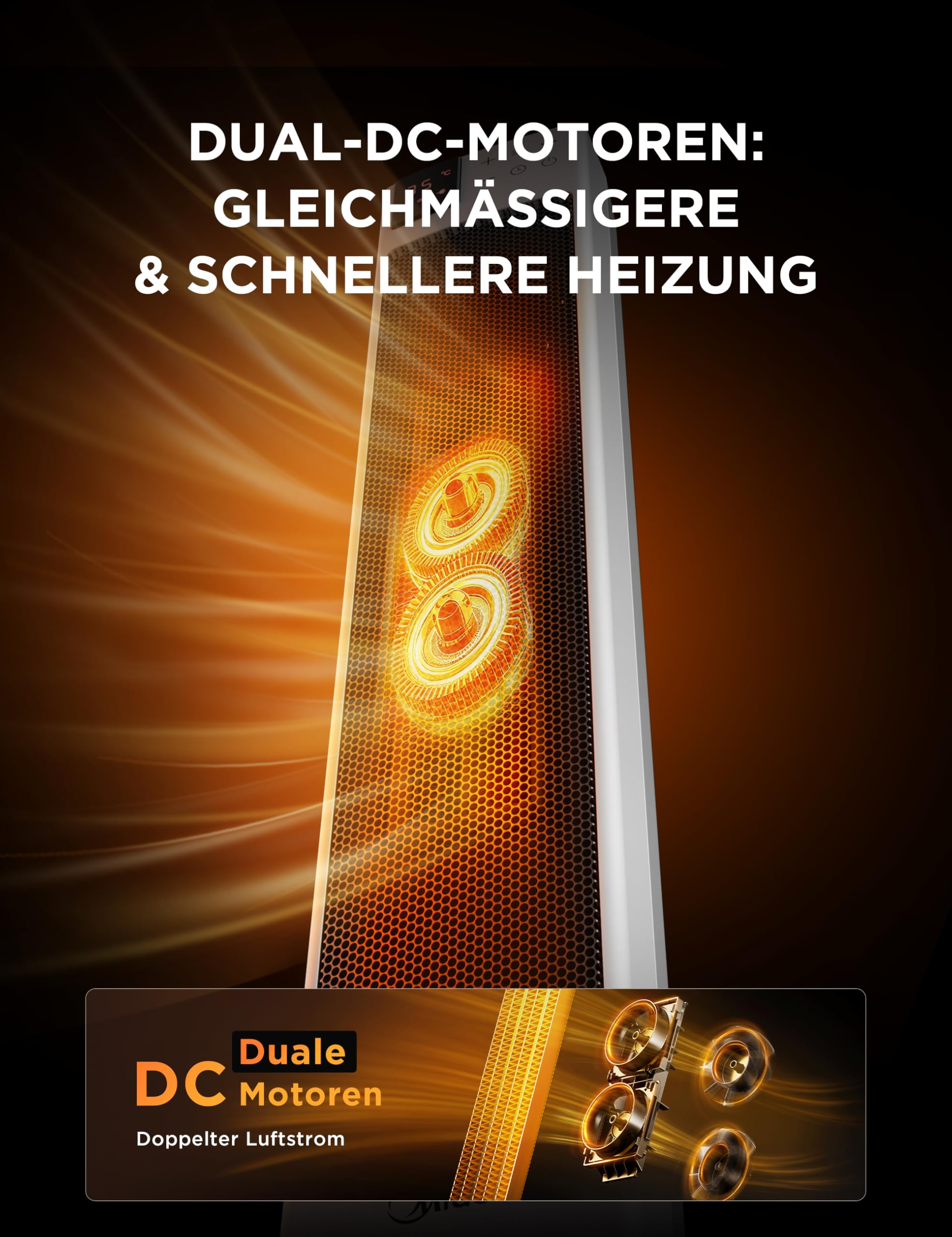 Ein schlanker Heizlüfter mit zwei leuchtenden Motoren im Gitter.