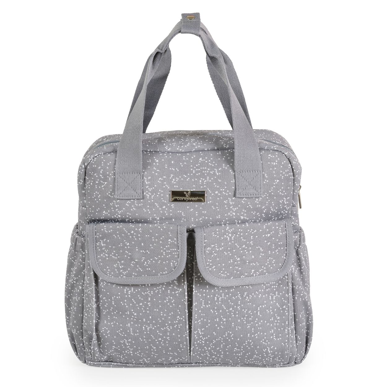 Graue Wickeltasche mit weißem Muster, zwei Fronttaschen und stabilen Henkeln.