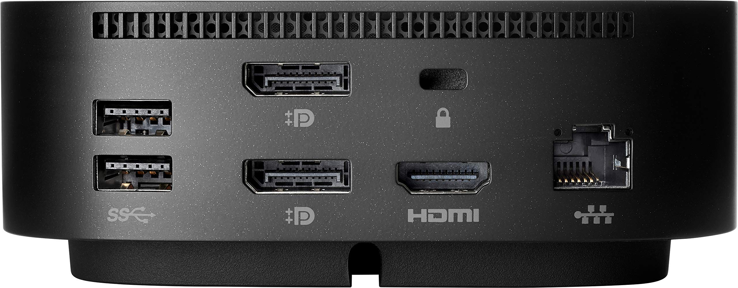Pannello posteriore di un dispositivo nero con porte USB, DisplayPort, HDMI, Ethernet e slot di sicurezza.