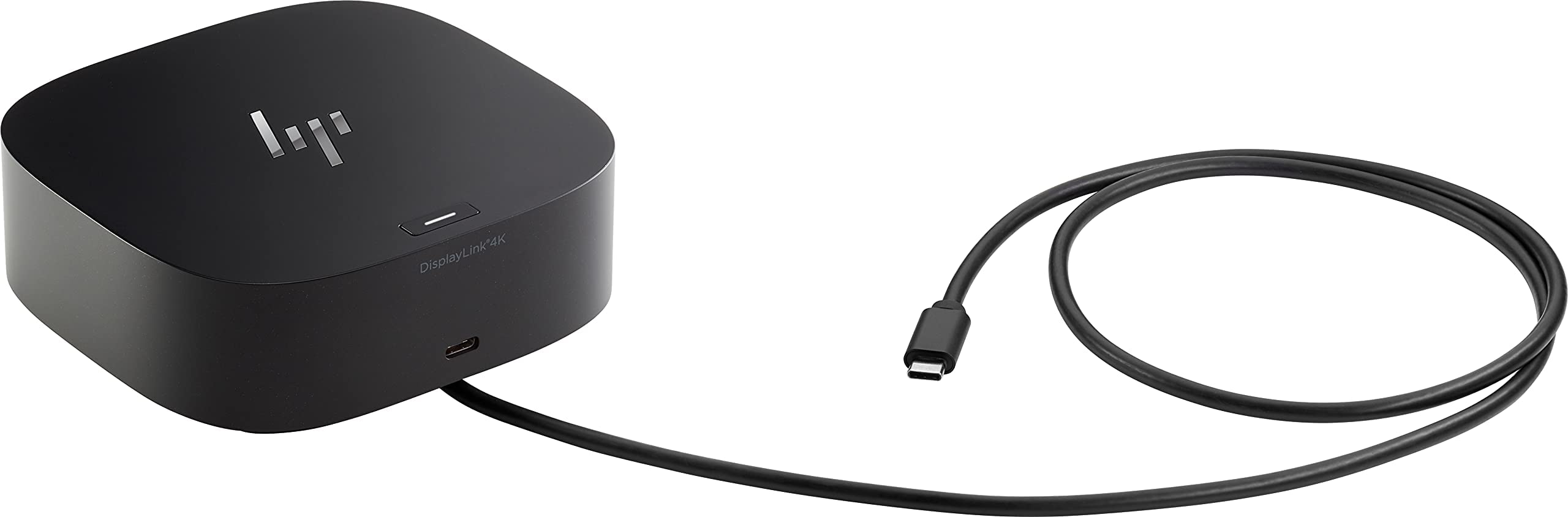 Una dock nera HP DisplayLink 4K con cavo USB-C collegato su uno sfondo bianco.