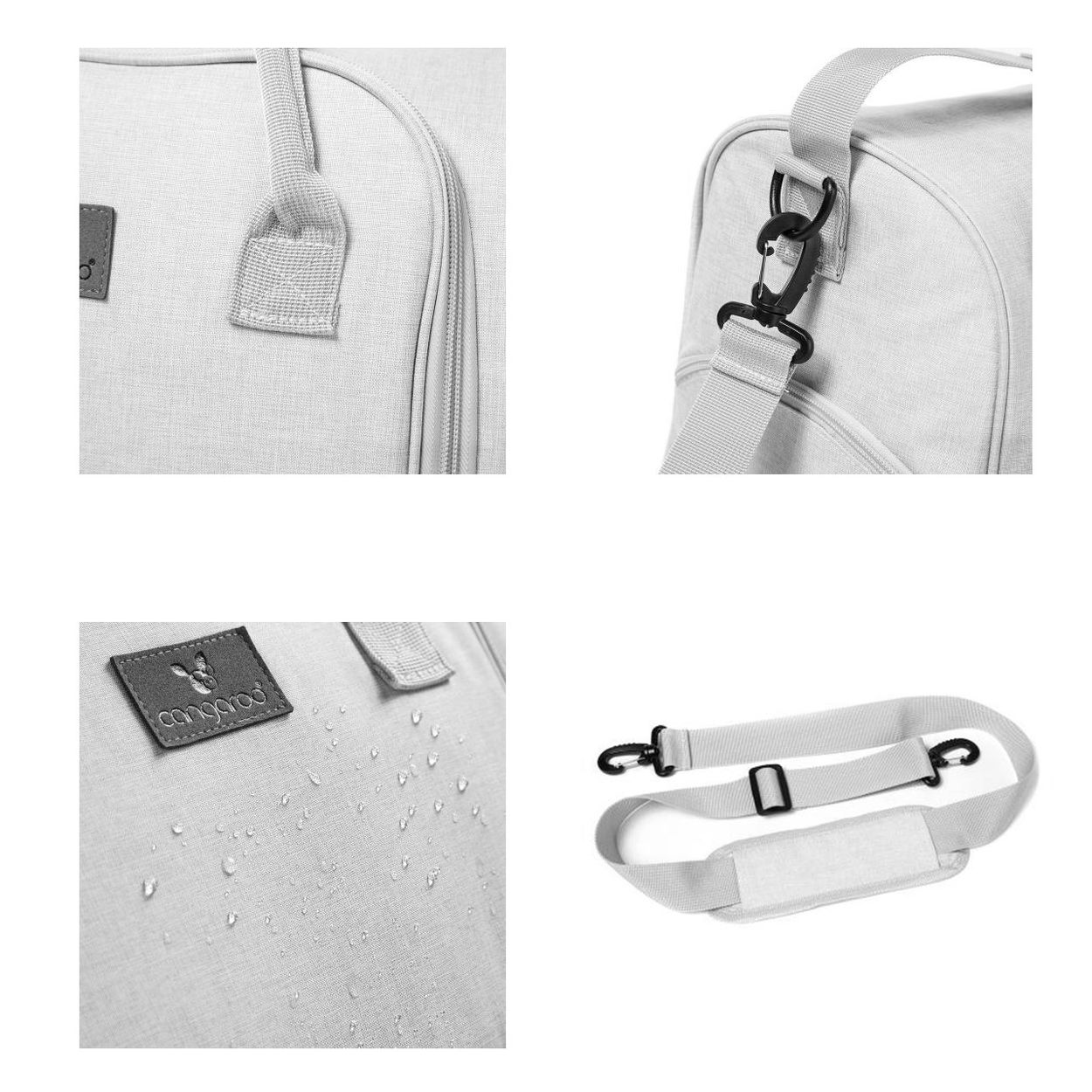 Vier Detailaufnahmen einer grauen Tasche mit Griff, Karabinerhaken, wasserabweisendem Stoff und Schultergurt.