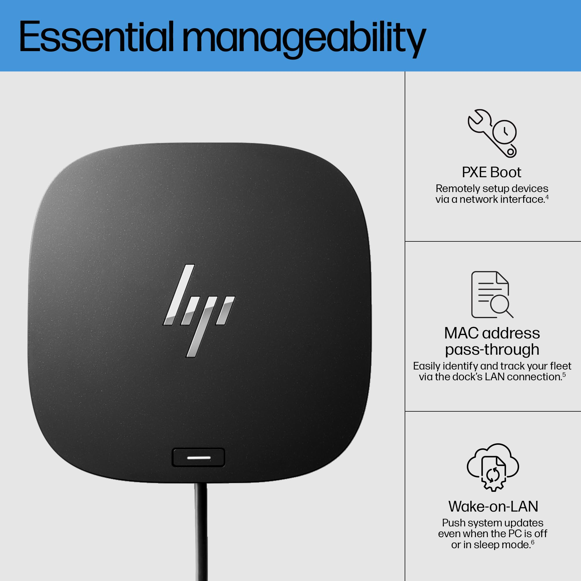 Docking station HP con avvio PXE, pass-through indirizzo MAC e Wake-on-LAN.