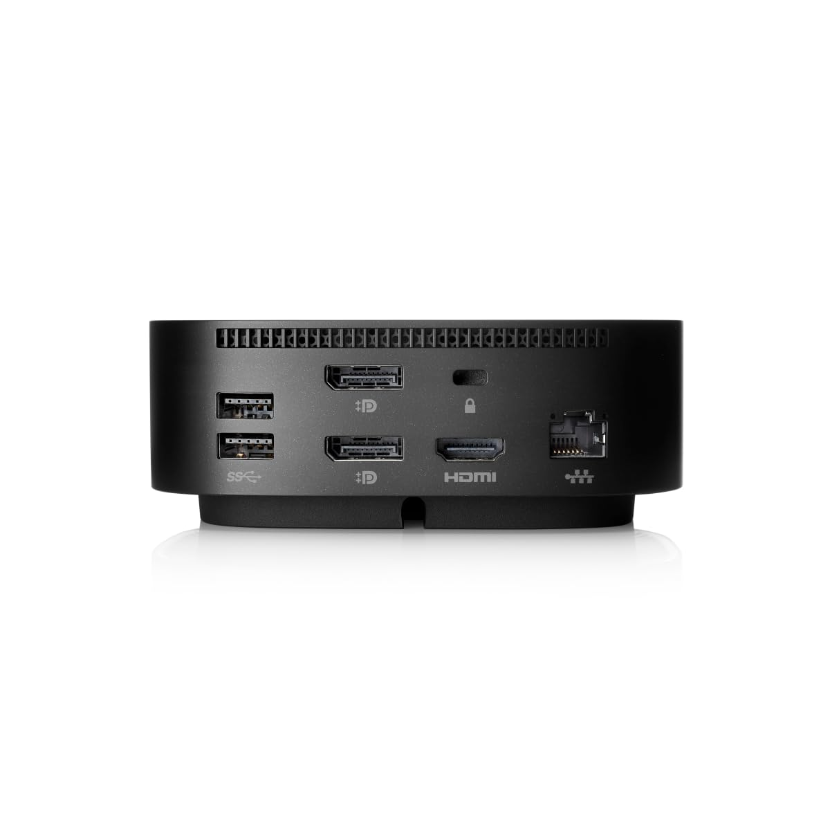 Vista posteriore di una docking station nera con porte USB, DisplayPort, HDMI ed Ethernet.