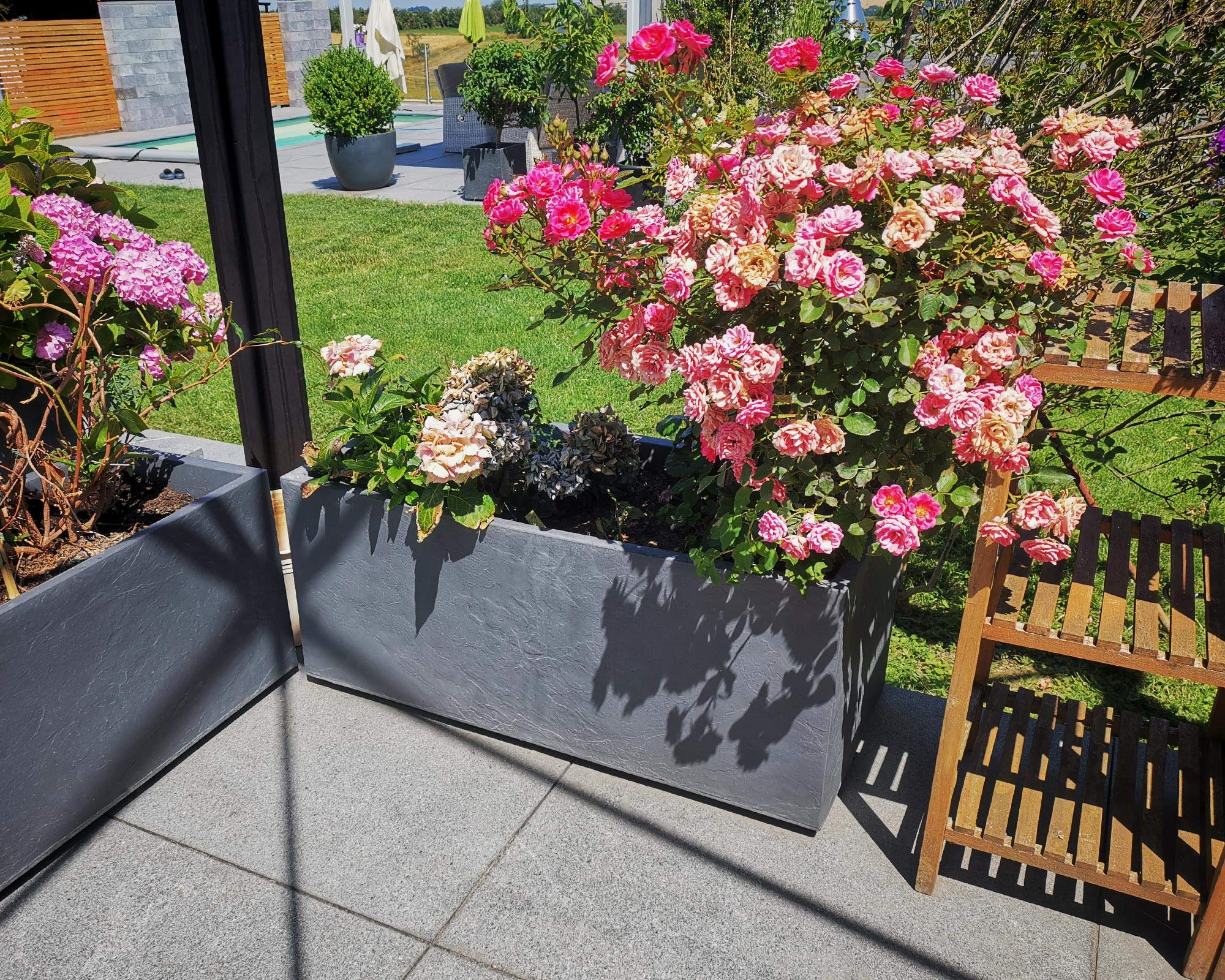 Des bacs gris avec des roses roses et blanches sur une terrasse avec de l'herbe.