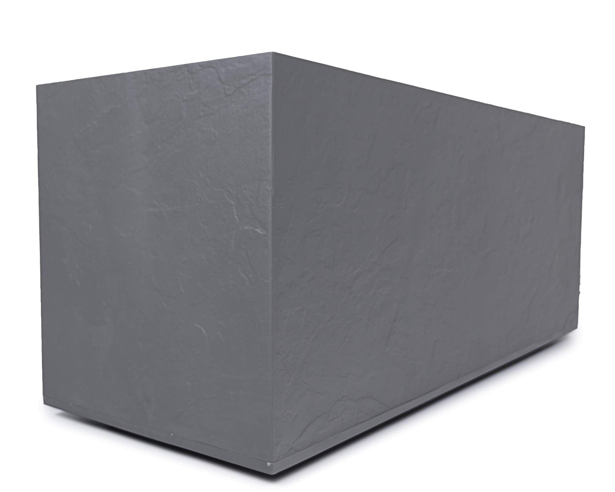 Une jardinière rectangulaire grise à surface texturée sur fond blanc.
