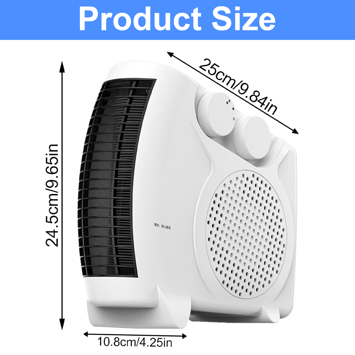 Weißer Heizlüfter mit Maßlinien für Höhe 24,5 cm, Breite 25 cm und Tiefe 10,8 cm.