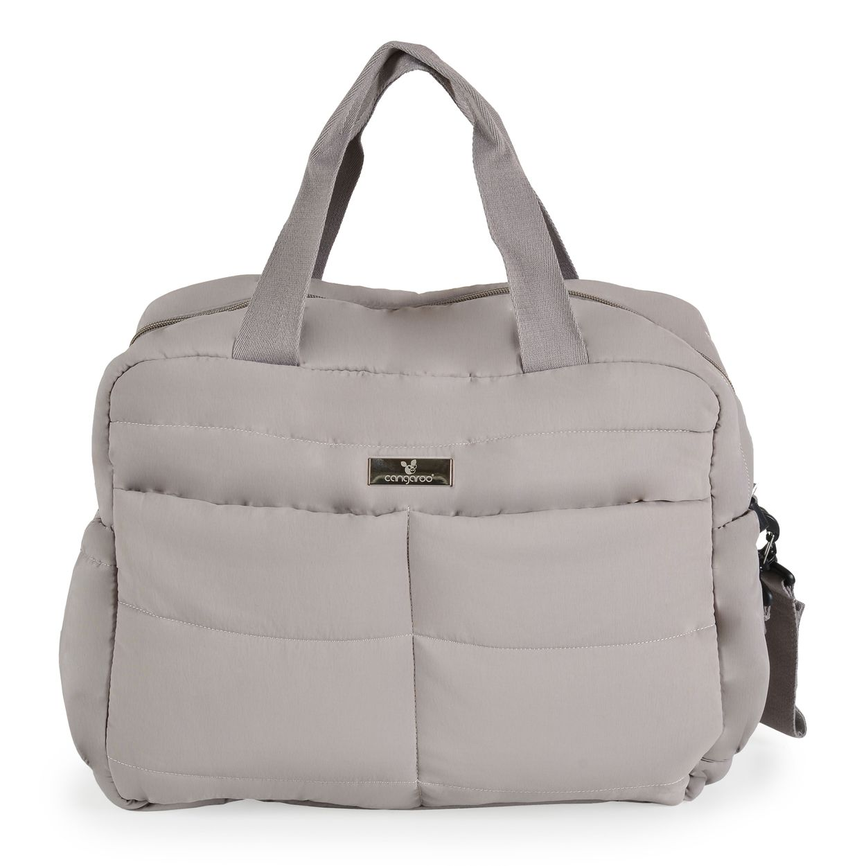 Eine gesteppte graue Wickeltasche mit zwei Tragegriffen und einem kleinen Logo-Etikett.