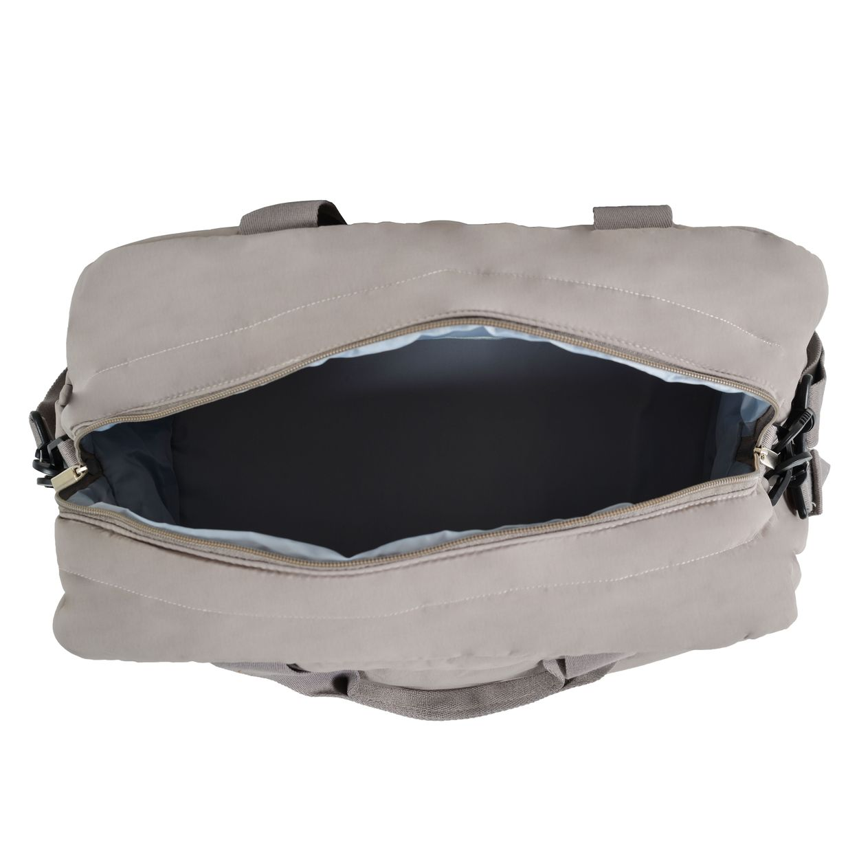 Eine offene graue Reisetasche von oben, mit hellblauem Innenfutter und Griffen auf weißem Hintergrund.