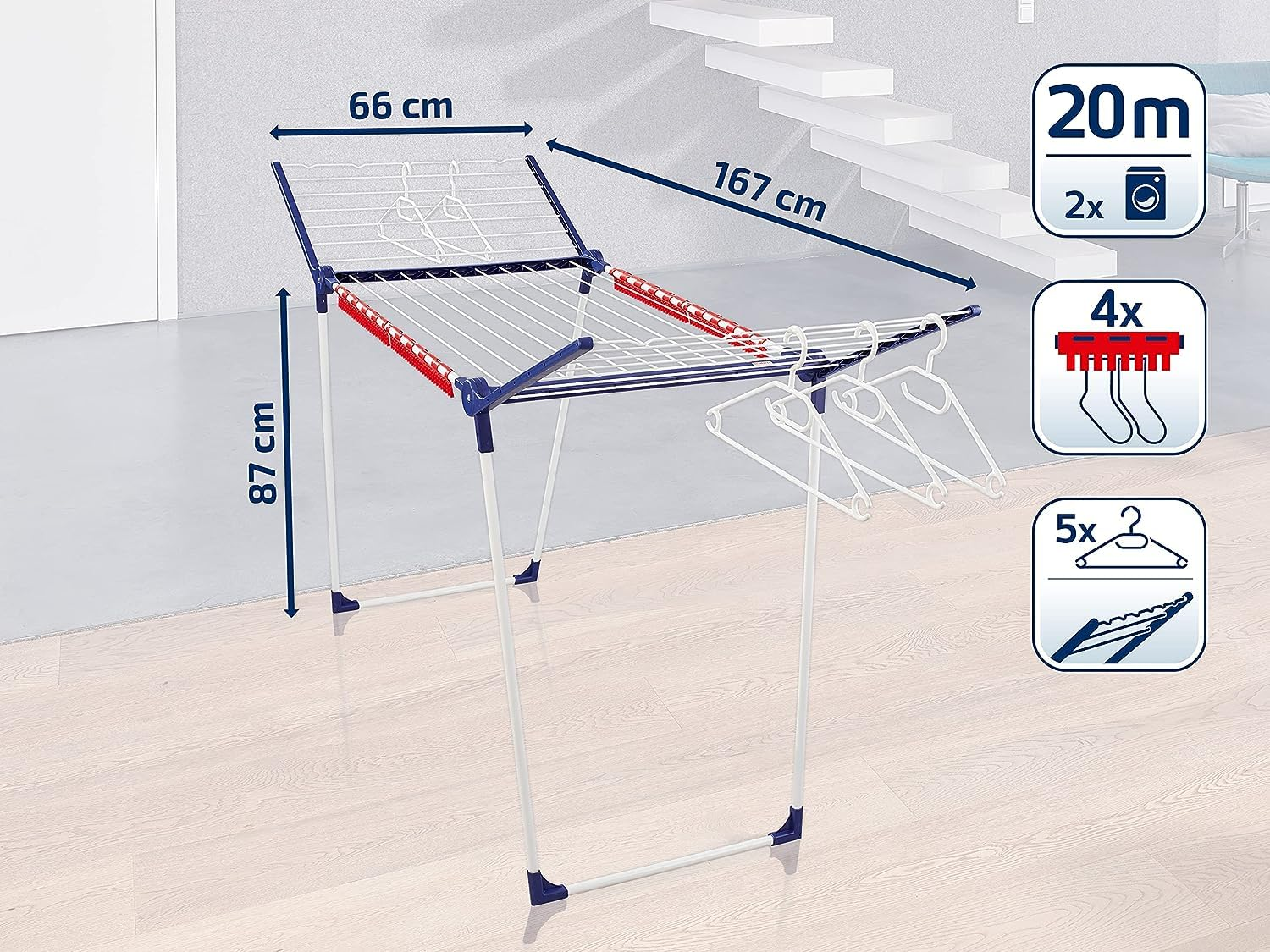 Uno stendibiancheria blu e bianco con linee di quota e tre piccole icone di caratteristiche a destra.