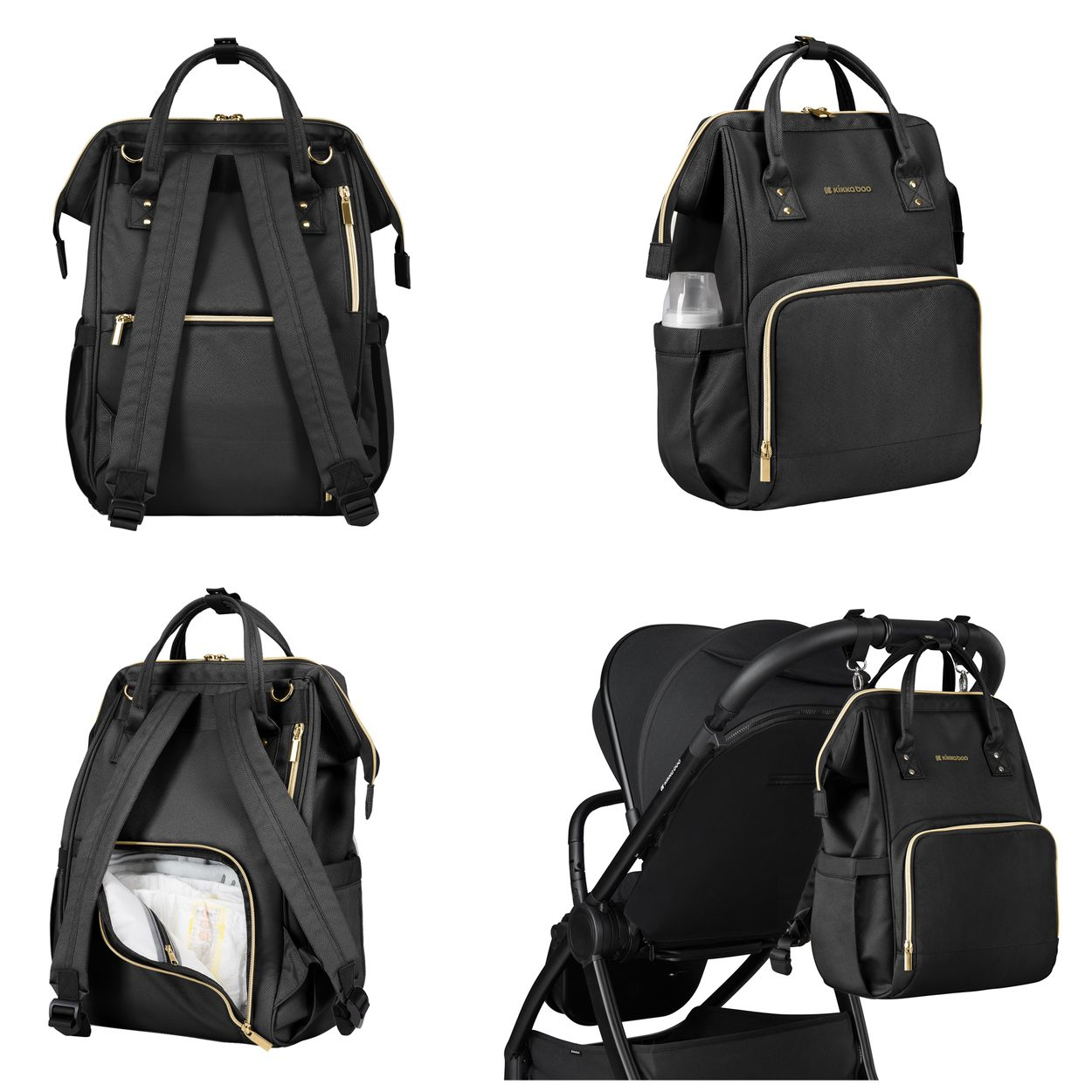 Schwarzer Wickelrucksack mit goldenen Reißverschlüssen, aus mehreren Blickwinkeln.