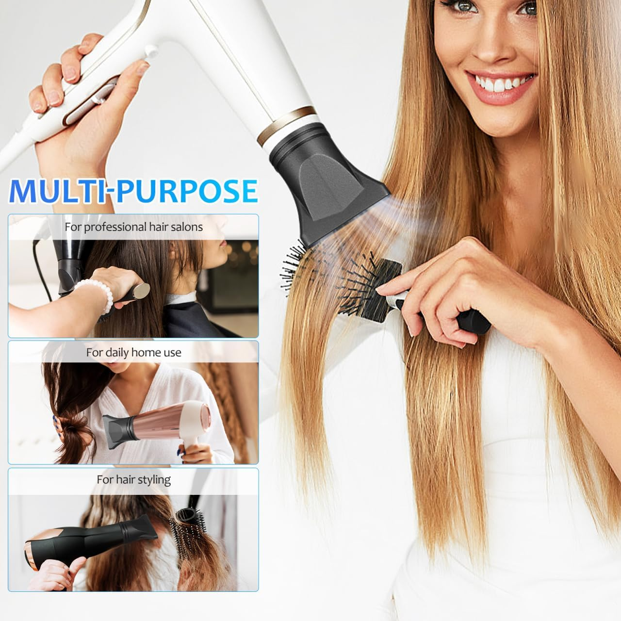 Eine blonde Frau föhnt ihr Haar mit einer Rundbürste. Links zeigen drei kleine Bilder Salons, Alltag und Styling.