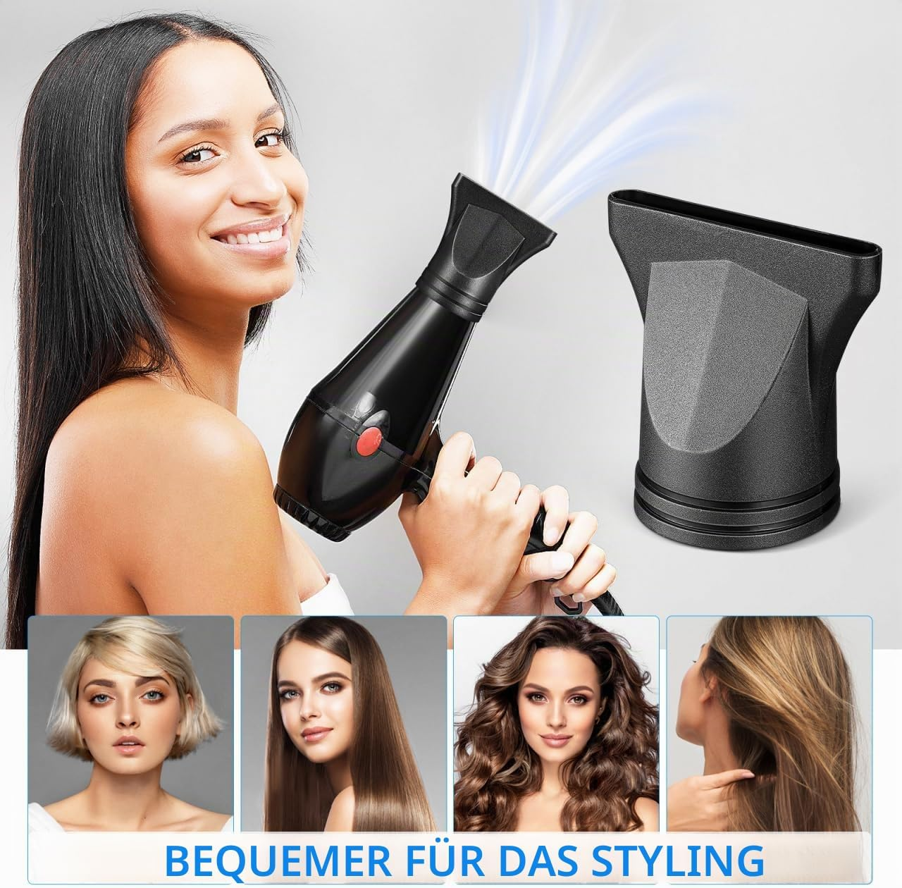 Eine Frau hält einen schwarzen Föhn mit Aufsatz, unten zeigen vier kleine Fotos verschiedene Frisuren.