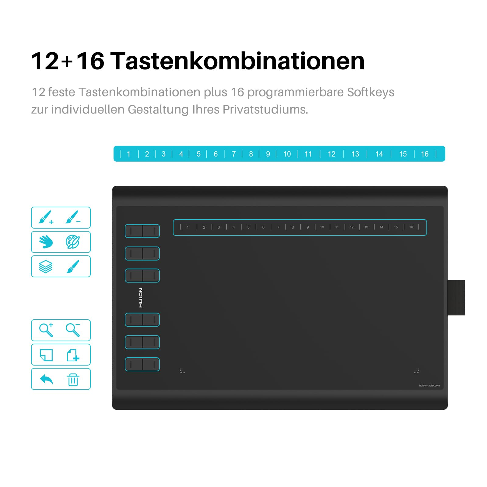Ein schwarzes Grafiktablett mit programmierbaren Softkeys und Shortcut-Symbolen auf weißem Hintergrund mit deutschem Text.