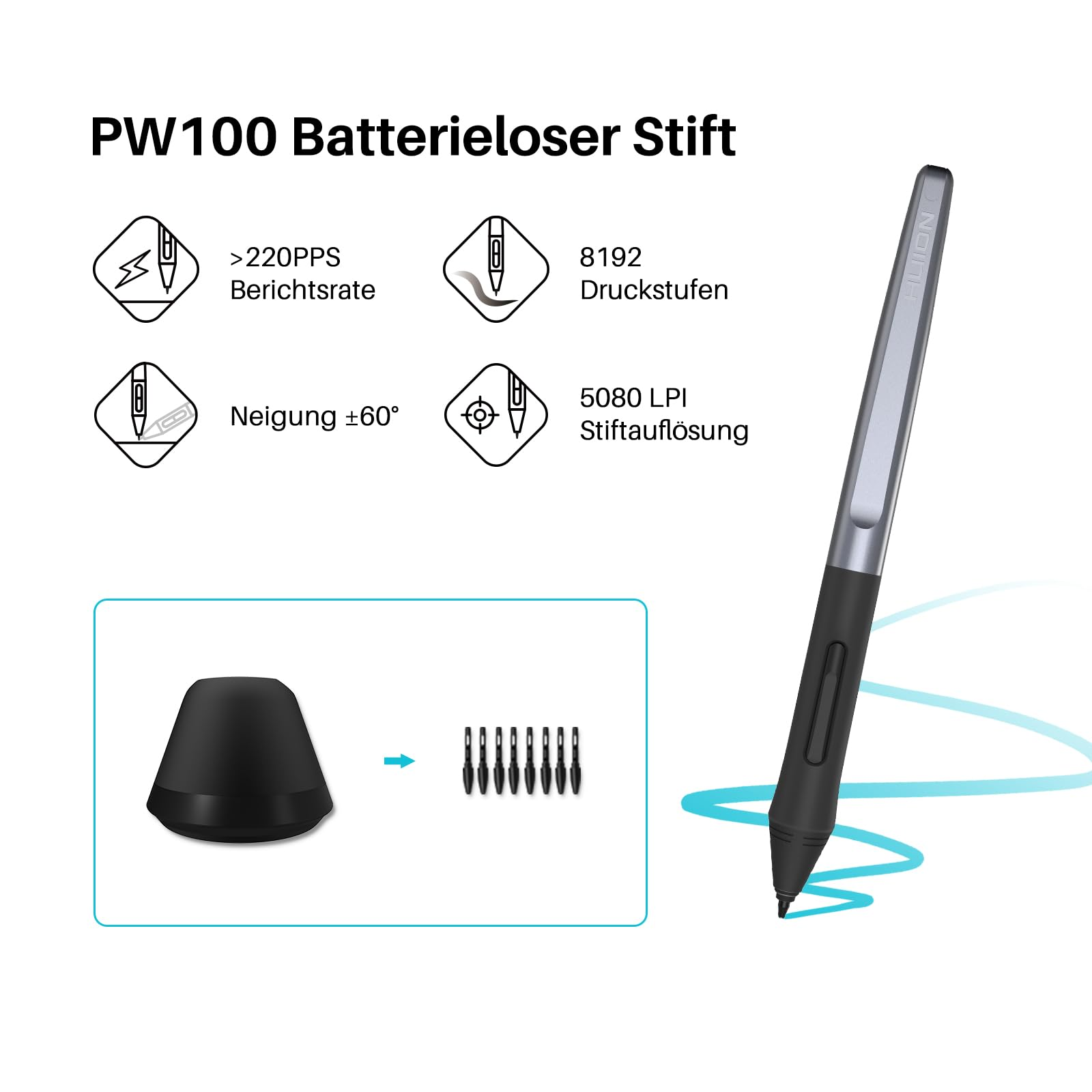 Technisches Diagramm eines batterielosen Stifts mit Spezifikationen und Icons.