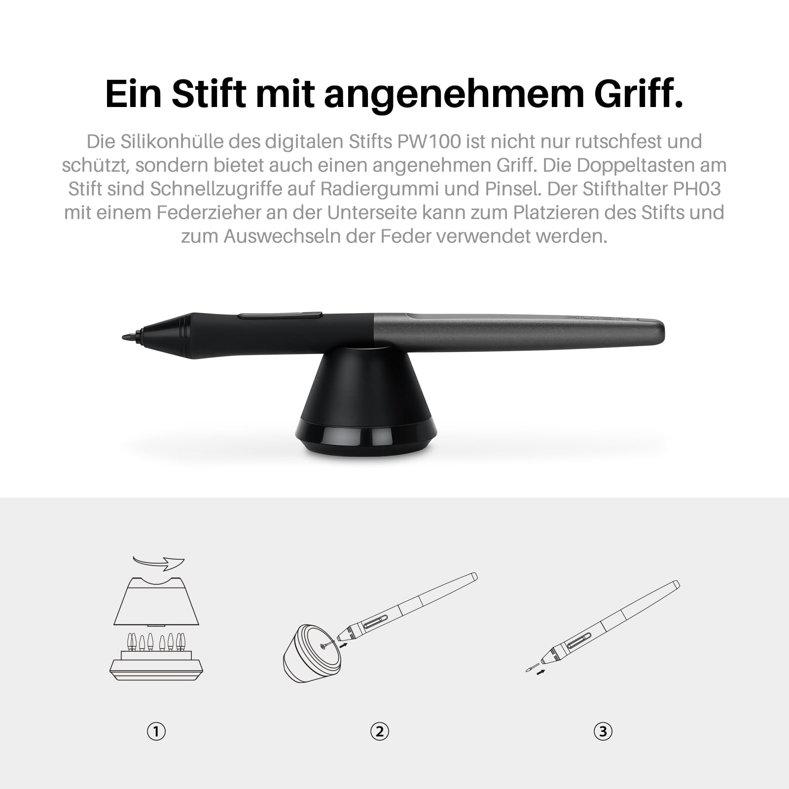 Ein schwarzer Digitalstift auf einem Ständer mit drei illustrierten Schritten zur Handhabung.