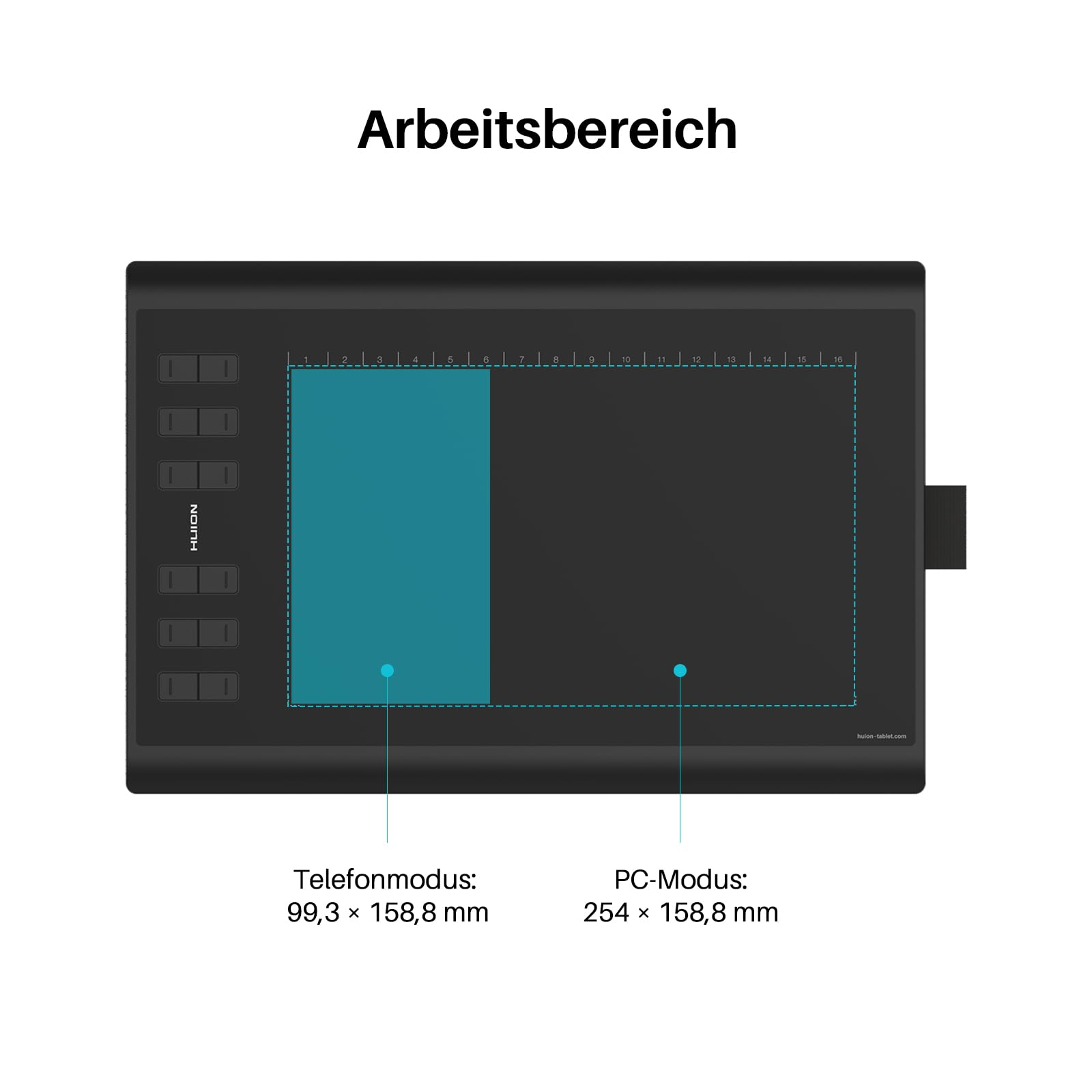 Diagramm zeigt den aktiven Arbeitsbereich eines Grafiktabletts für Telefon- und PC-Modus mit Maßangaben.