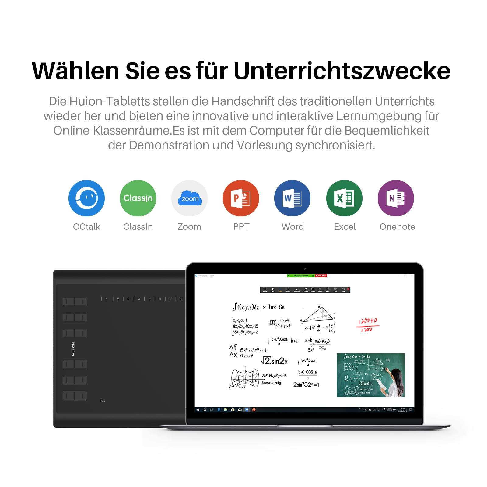 Ein Huion-Grafiktablett und ein Laptop mit mathematischen Formeln und App-Logos für den Online-Unterricht.