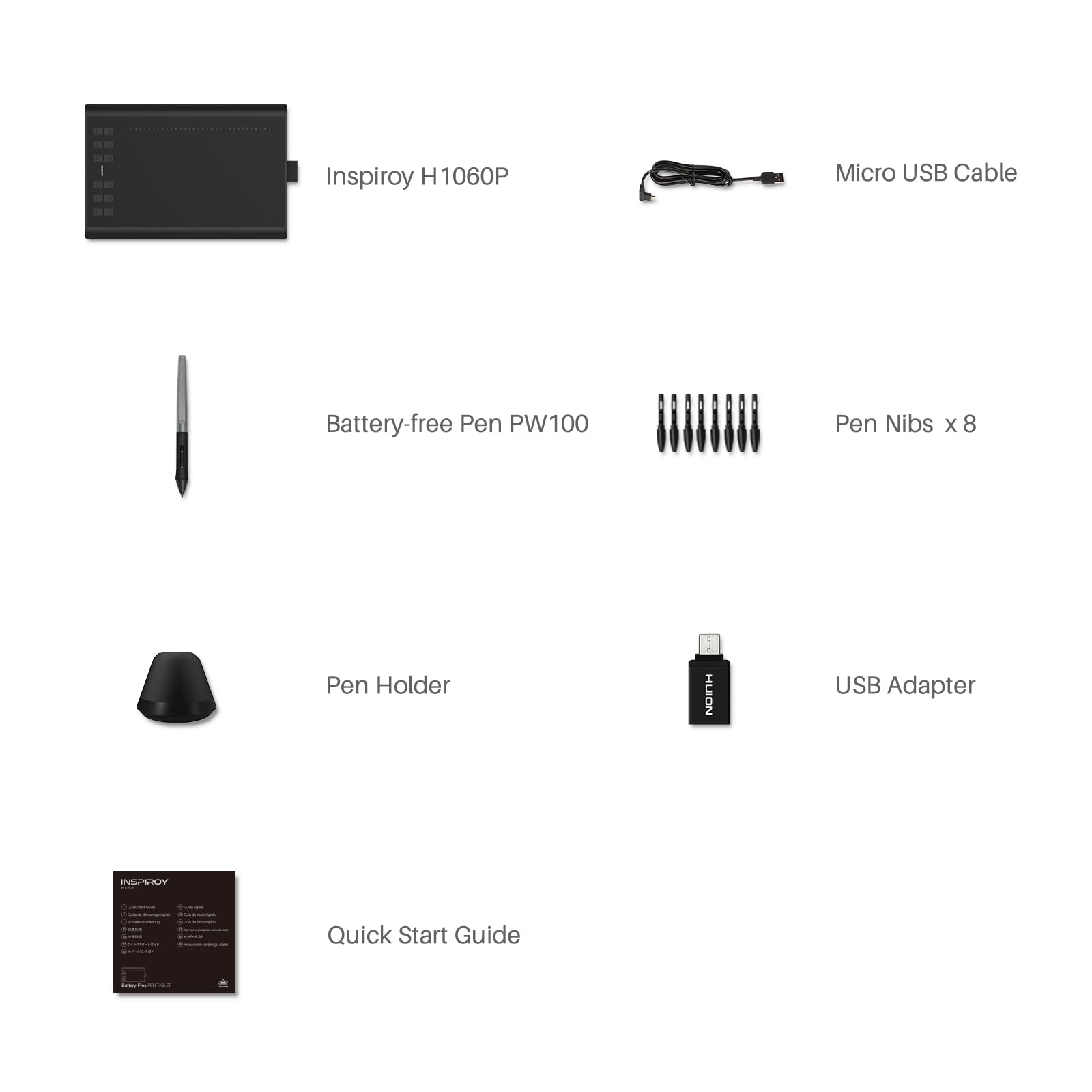 Grafiktablett Inspiroy H1060P mit Stift, Kabel, Halter, 8 Spitzen, USB-Adapter und Anleitung.