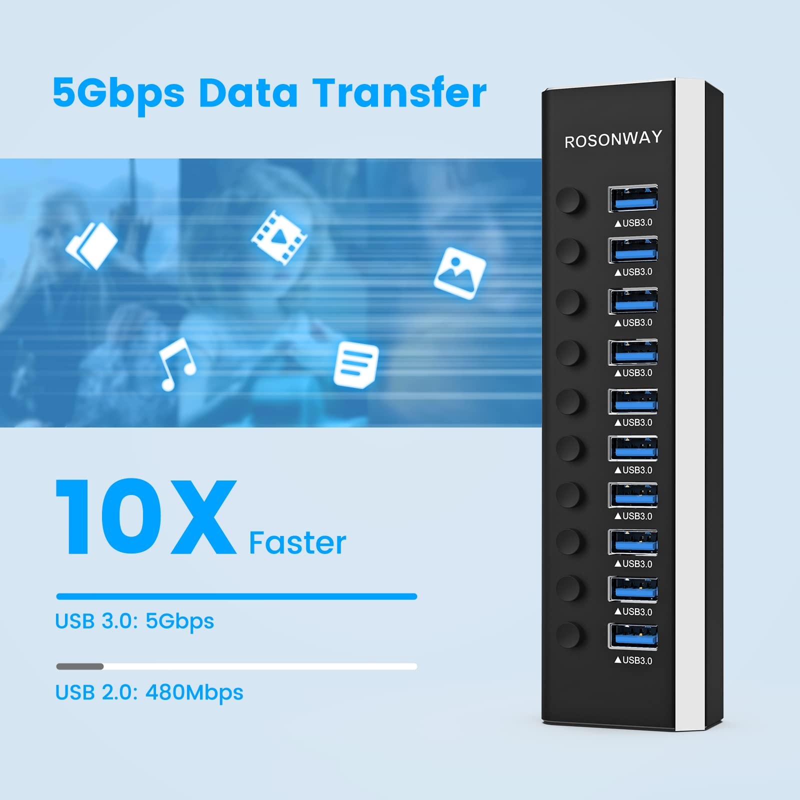 Schwarzer Rosonway USB 3.0 Hub mit zehn Ports vor hellblauem Hintergrund mit Text und Icons für schnelle Datenübertragung.