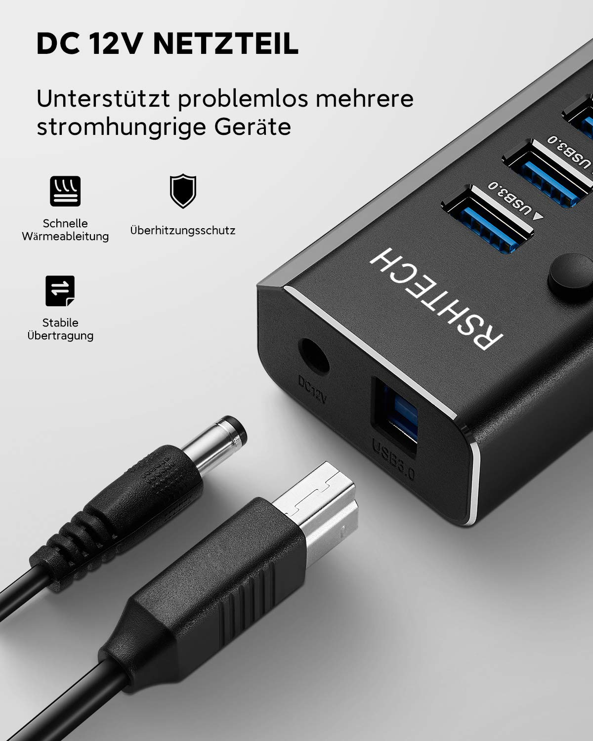 Schwarzer USB 3.0 Hub mit RSHTECH-Logo, blauen Ports, Stromkabel und deutscher Textbeschreibung.