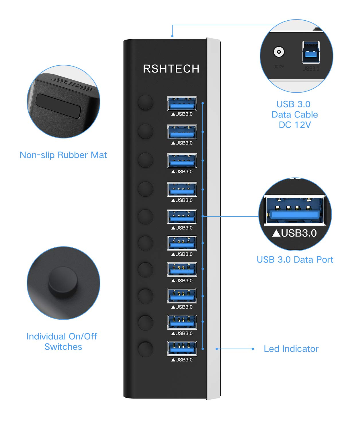 RSHTECH USB 3.0 Hub mit zehn Ports, einzelnen Schaltern und LEDs.